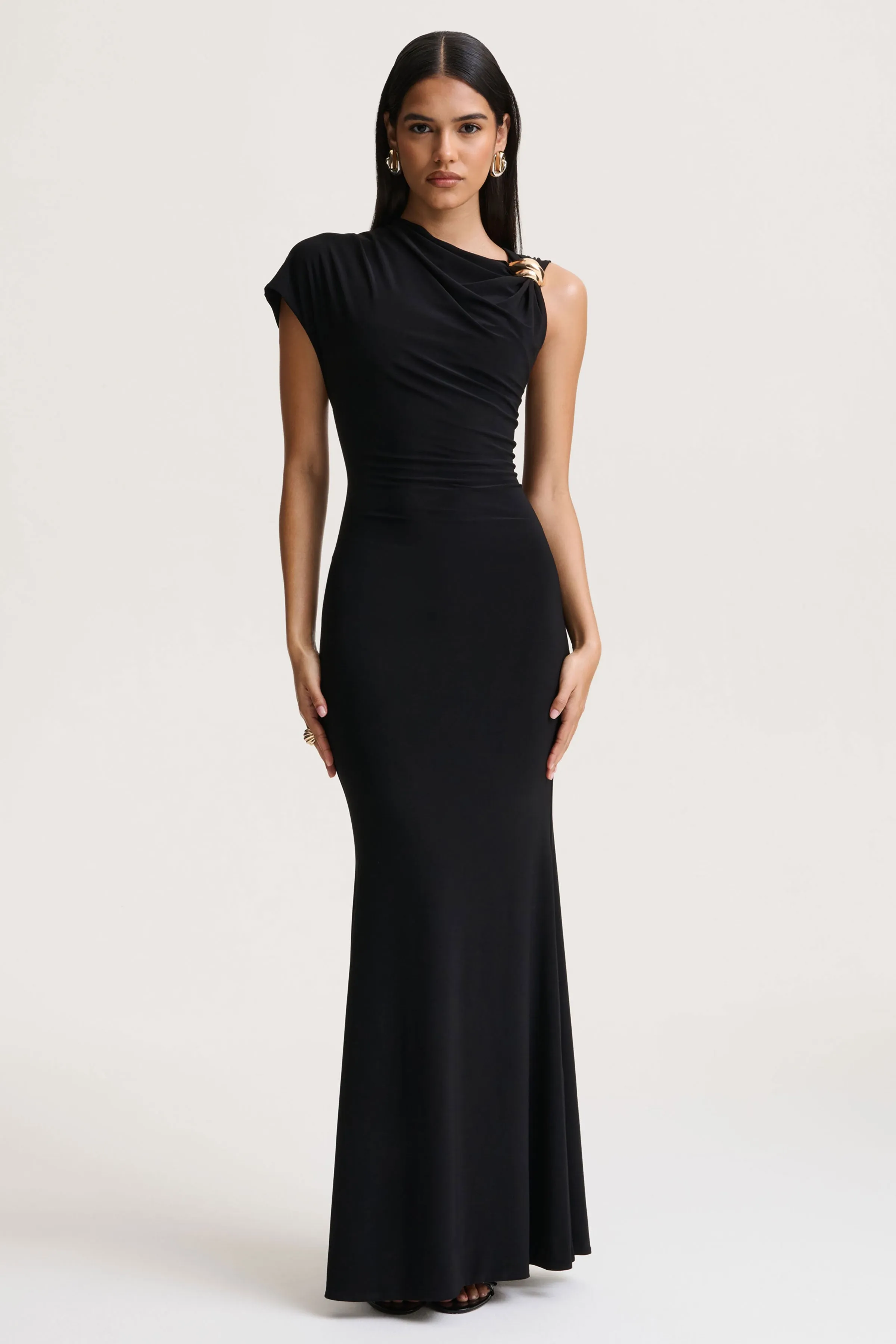 Blaire | Black Asymmetric-Neck Maxi Dress With Gold-Detailing sold by Club L London product image thumbnail 5