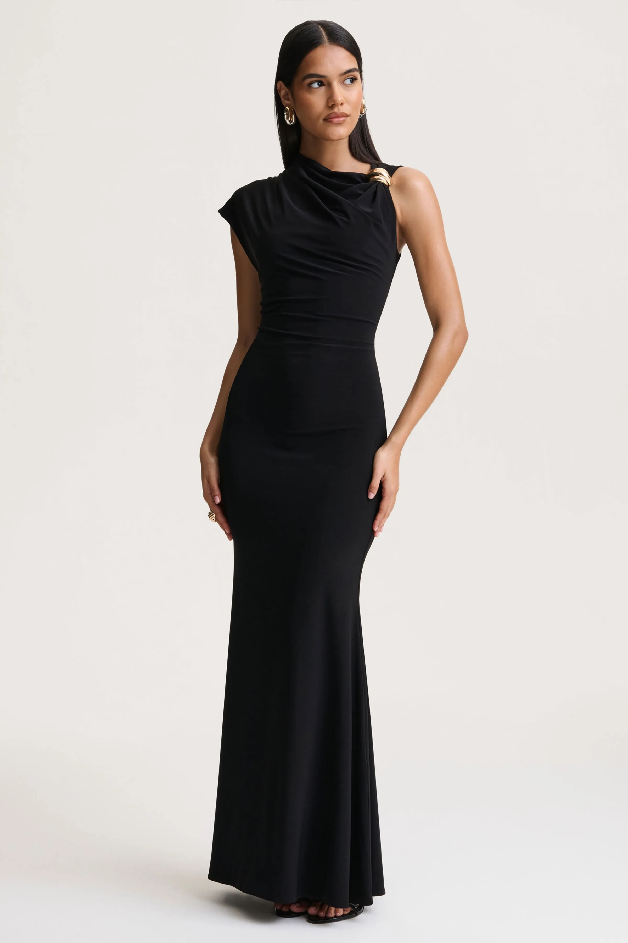 Blaire | Black Asymmetric-Neck Maxi Dress With Gold-Detailing sold by Club L London product image thumbnail 4