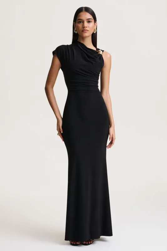Blaire | Black Asymmetric-Neck Maxi Dress With Gold-Detailing sold by Club L London