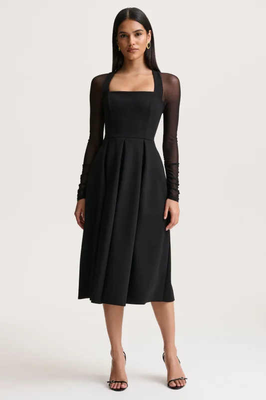 Melinda | Black Square-Neck Midi Dress With Mesh Detailing made by Club L London