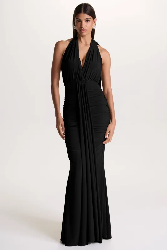 Roselani | Black Halter-Neck Maxi Dress With Open-Back sold by Club L London
