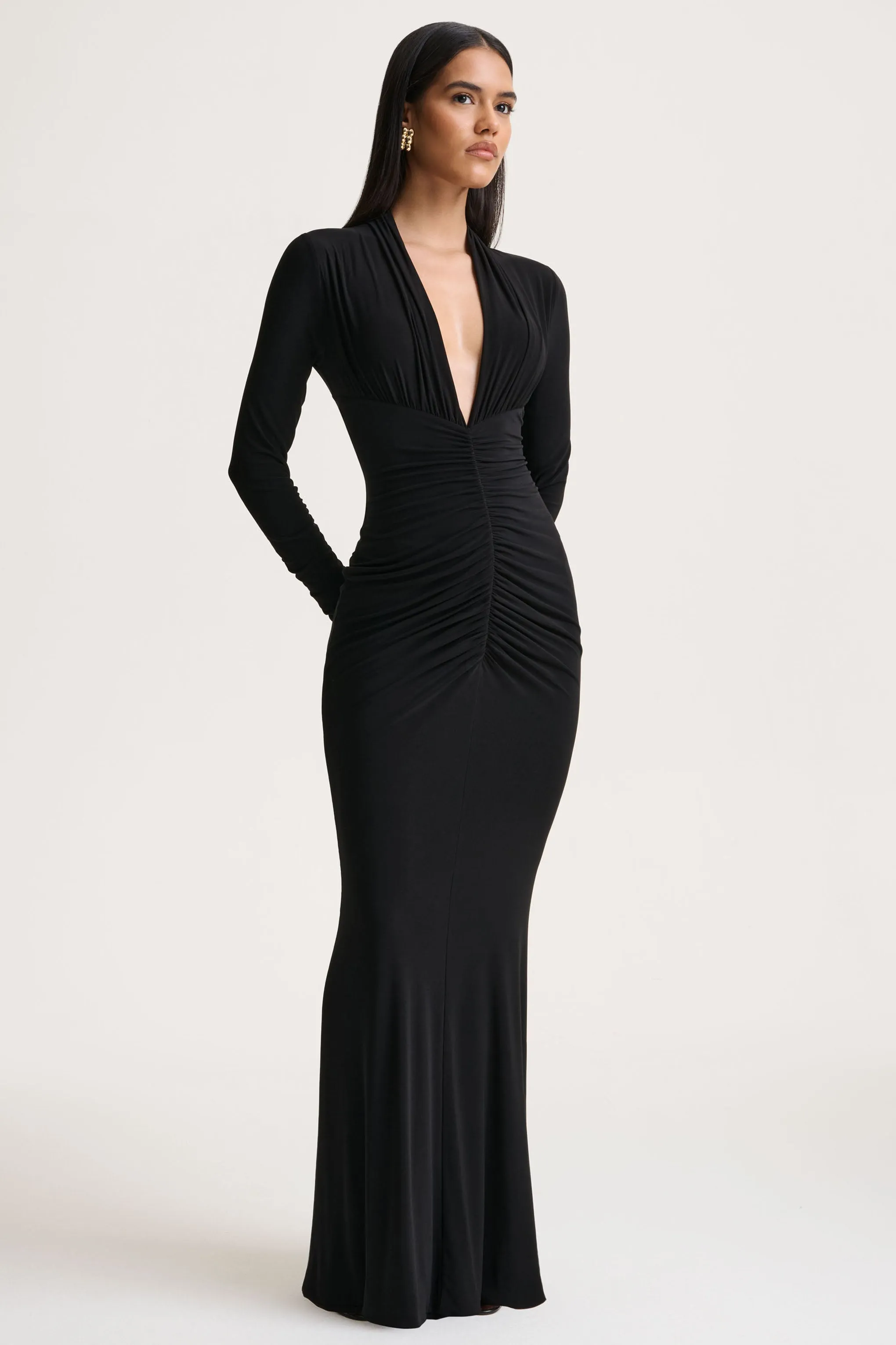 Tami | Black Plunge-Neck Long Sleeve Maxi Dress sold by Club L London product image thumbnail 5