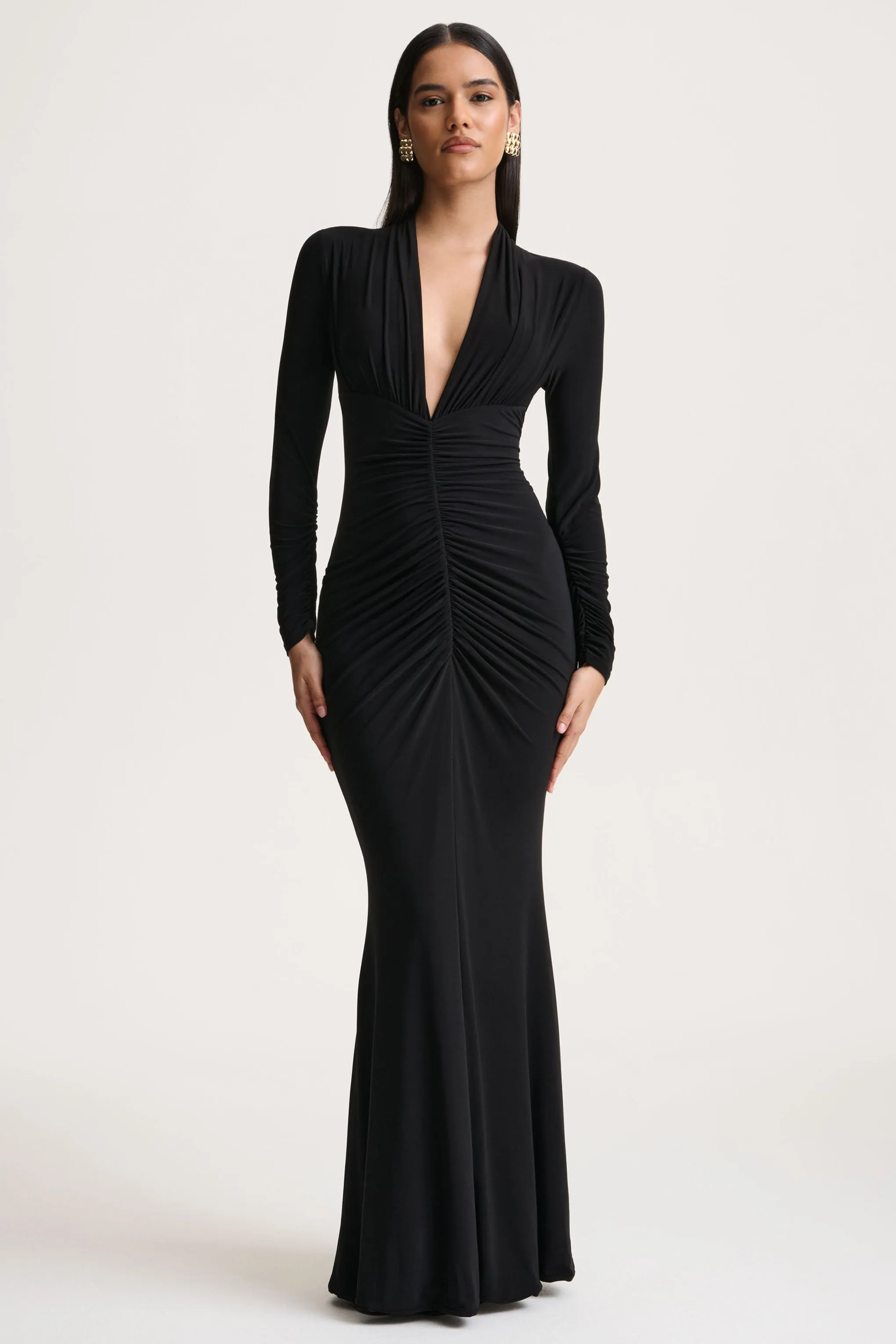 Tami | Black Plunge-Neck Long Sleeve Maxi Dress sold by Club L London product image thumbnail 4
