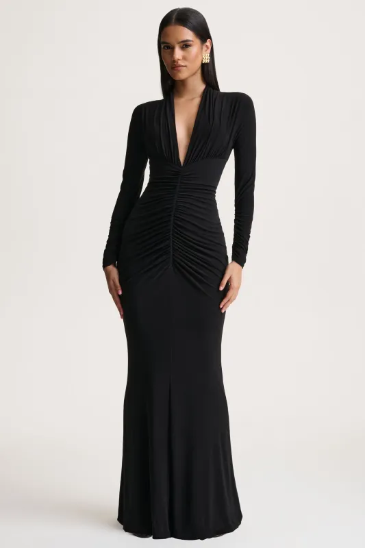 Tami | Black Plunge-Neck Long Sleeve Maxi Dress sold by Club L London
