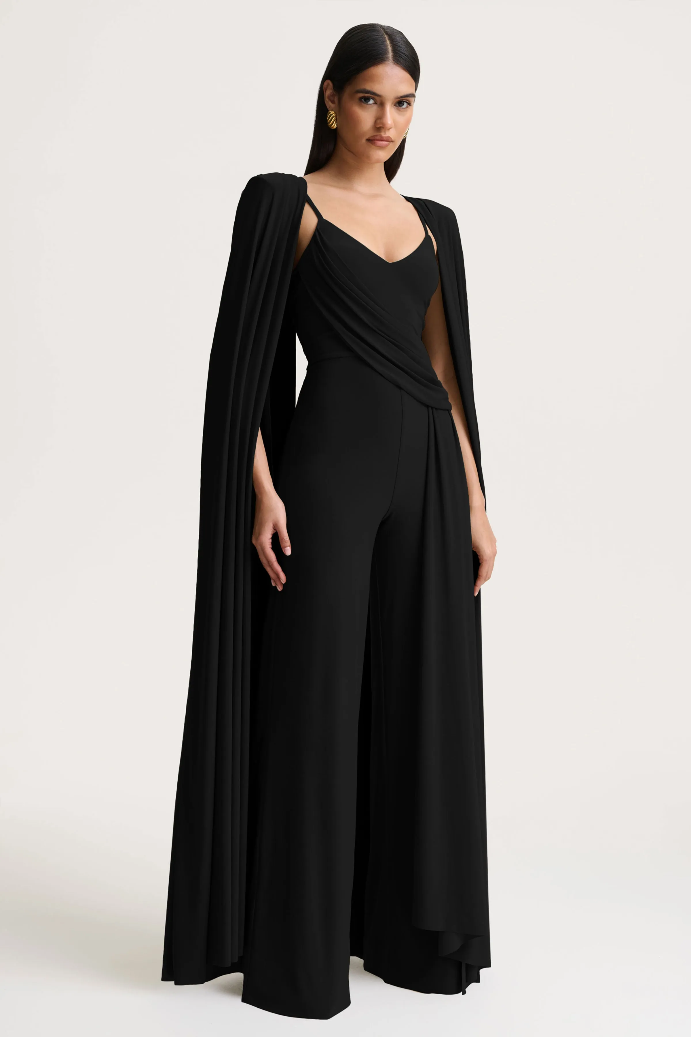 Labina | Black Plunge-Neck Jumpsuit With Cape-Sleeves sold by Club L London product image thumbnail 4