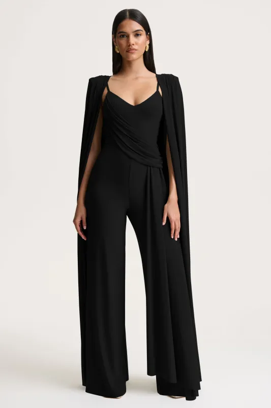 Labina | Black Plunge-Neck Jumpsuit With Cape-Sleeves sold by Club L London