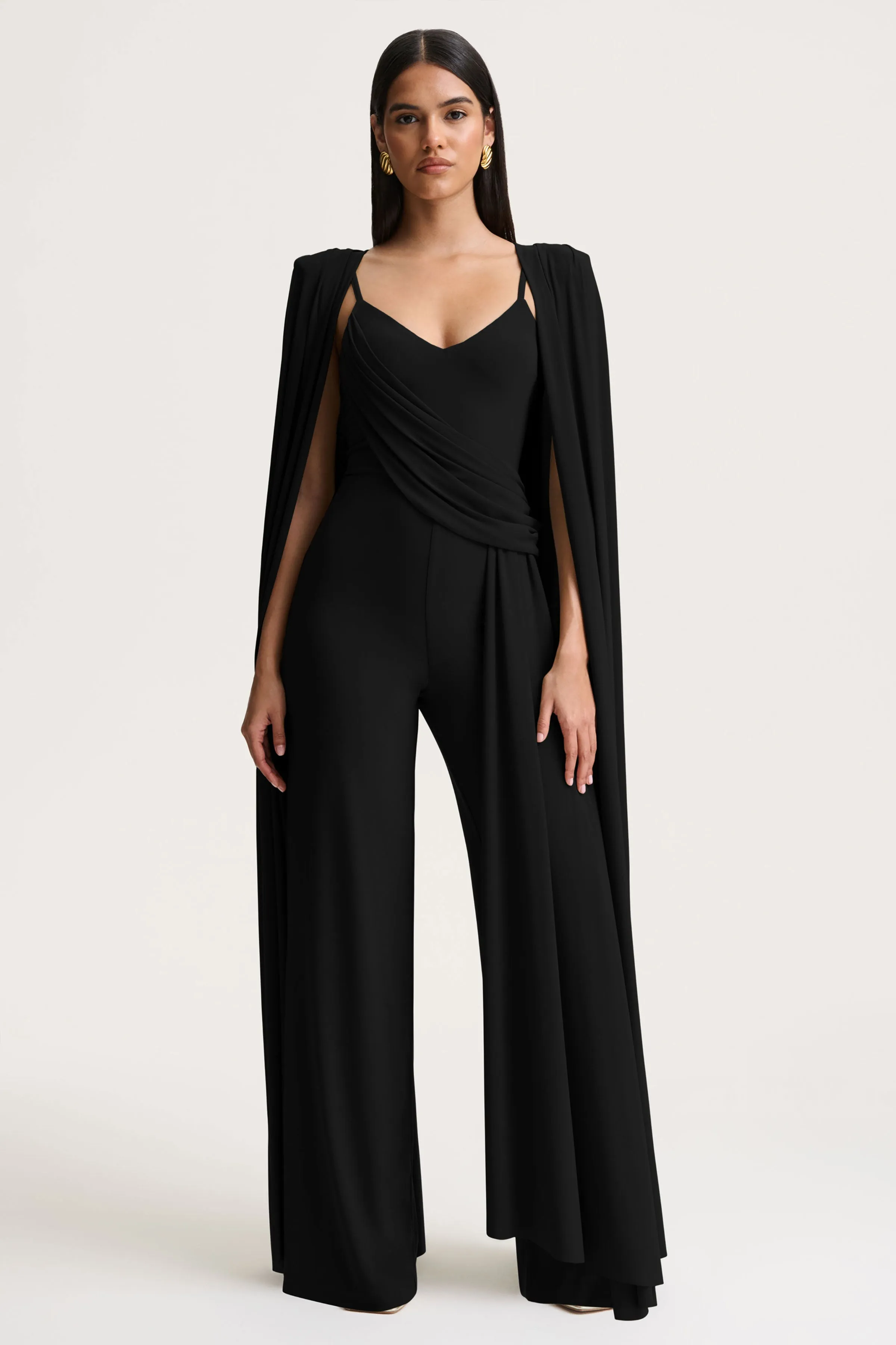 Labina | Black Plunge-Neck Jumpsuit With Cape-Sleeves sold by Club L London