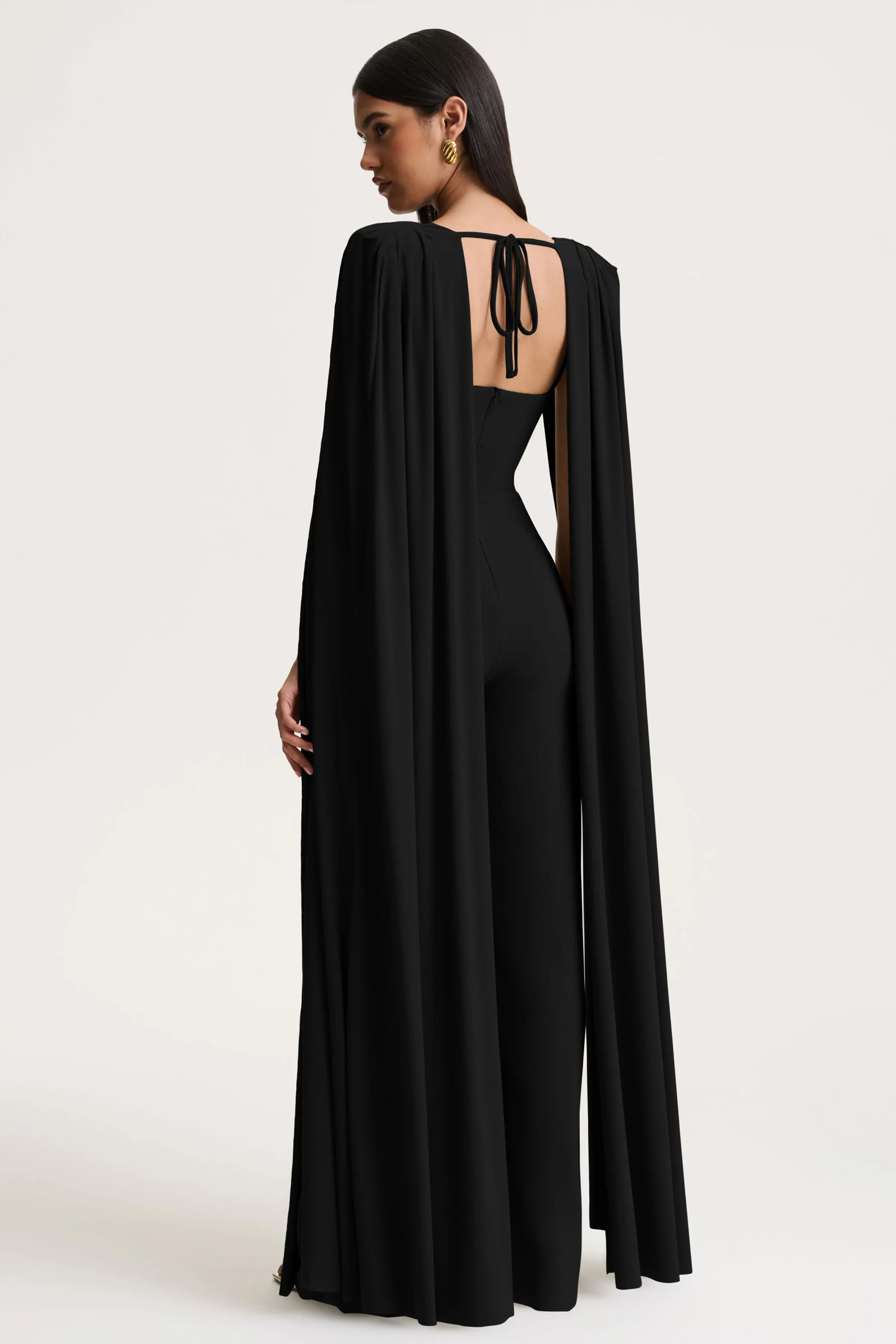 Labina | Black Plunge-Neck Jumpsuit With Cape-Sleeves sold by Club L London product image thumbnail 2