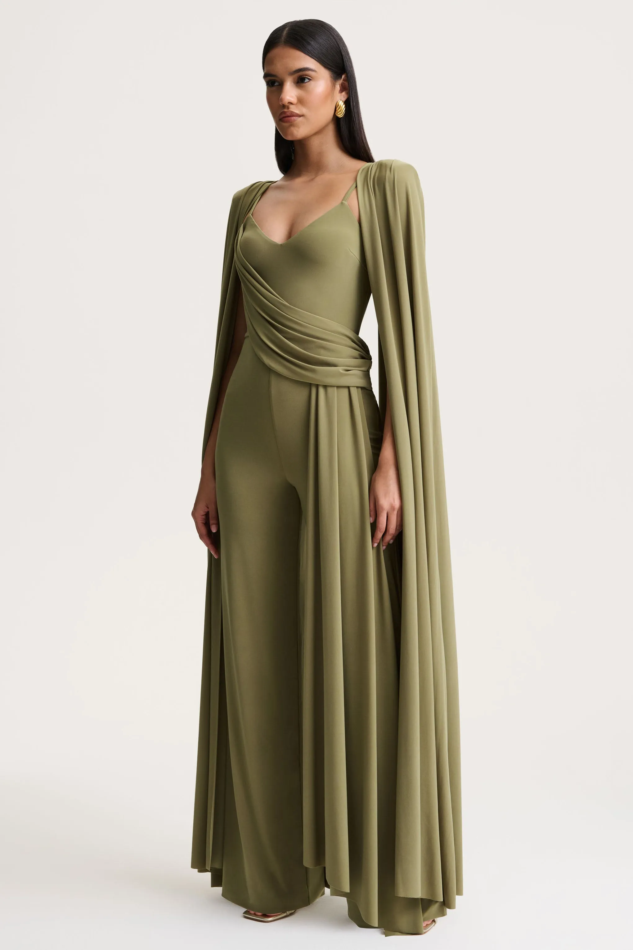 Labina | Green Plunge-Neck Jumpsuit With Cape-Sleeves sold by Club L London product image thumbnail 5
