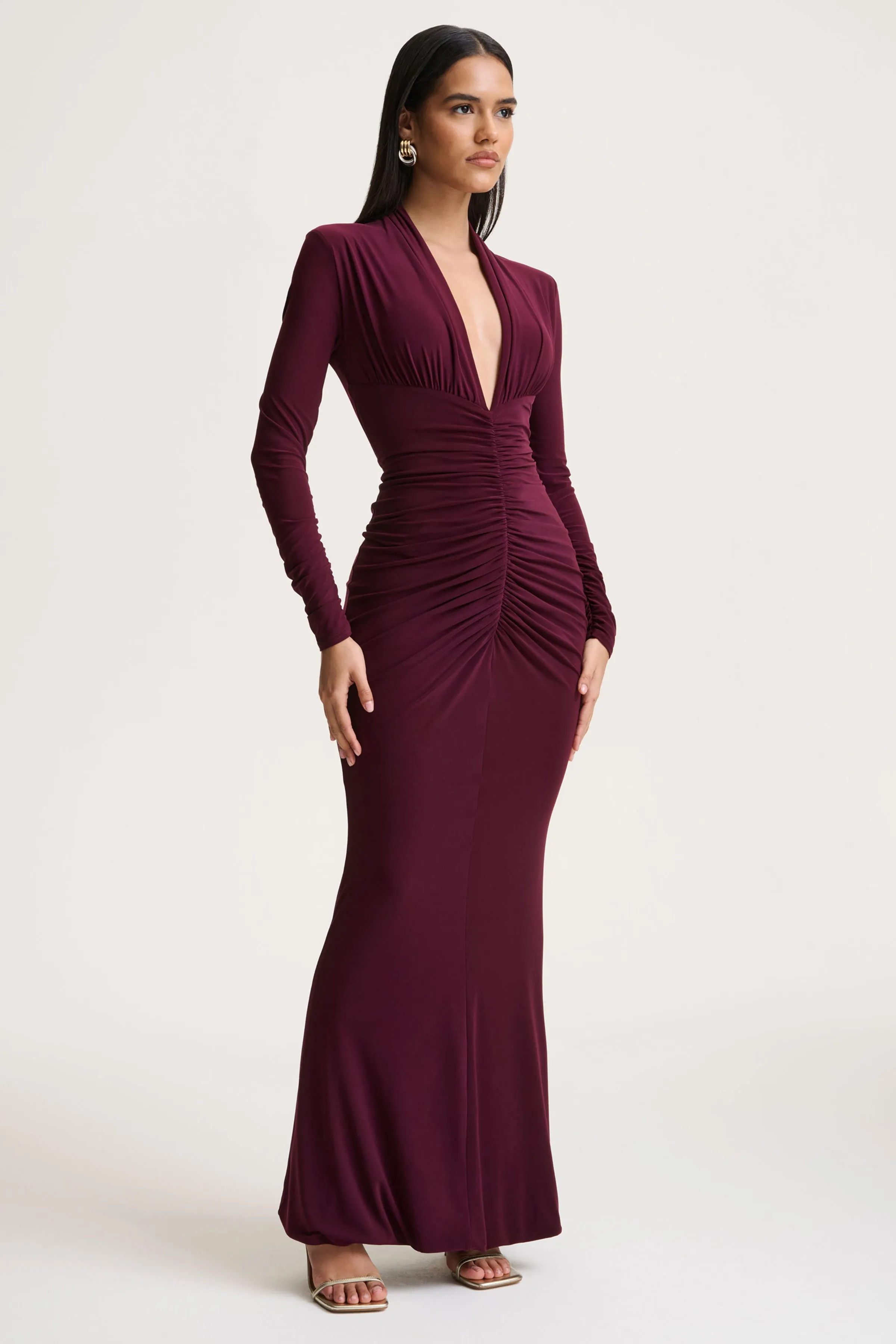 Tami | Plum Plunge-Neck Long Sleeve Maxi Dress sold by Club L London product image thumbnail 4