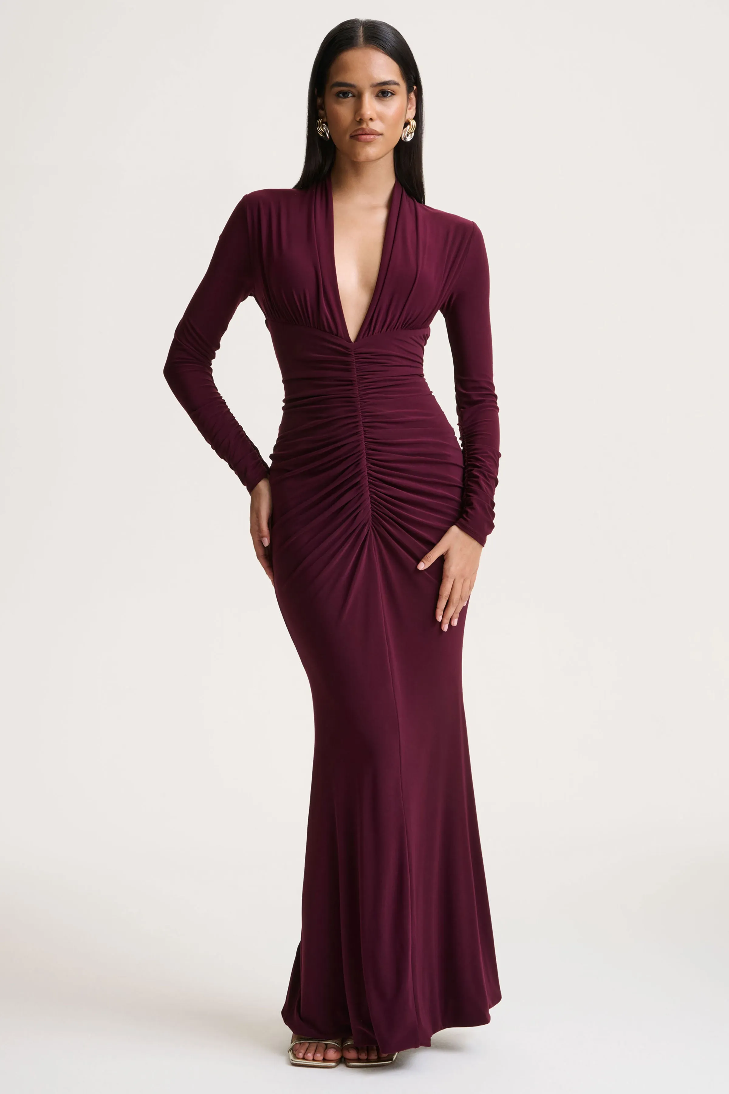Tami | Plum Plunge-Neck Long Sleeve Maxi Dress sold by Club L London