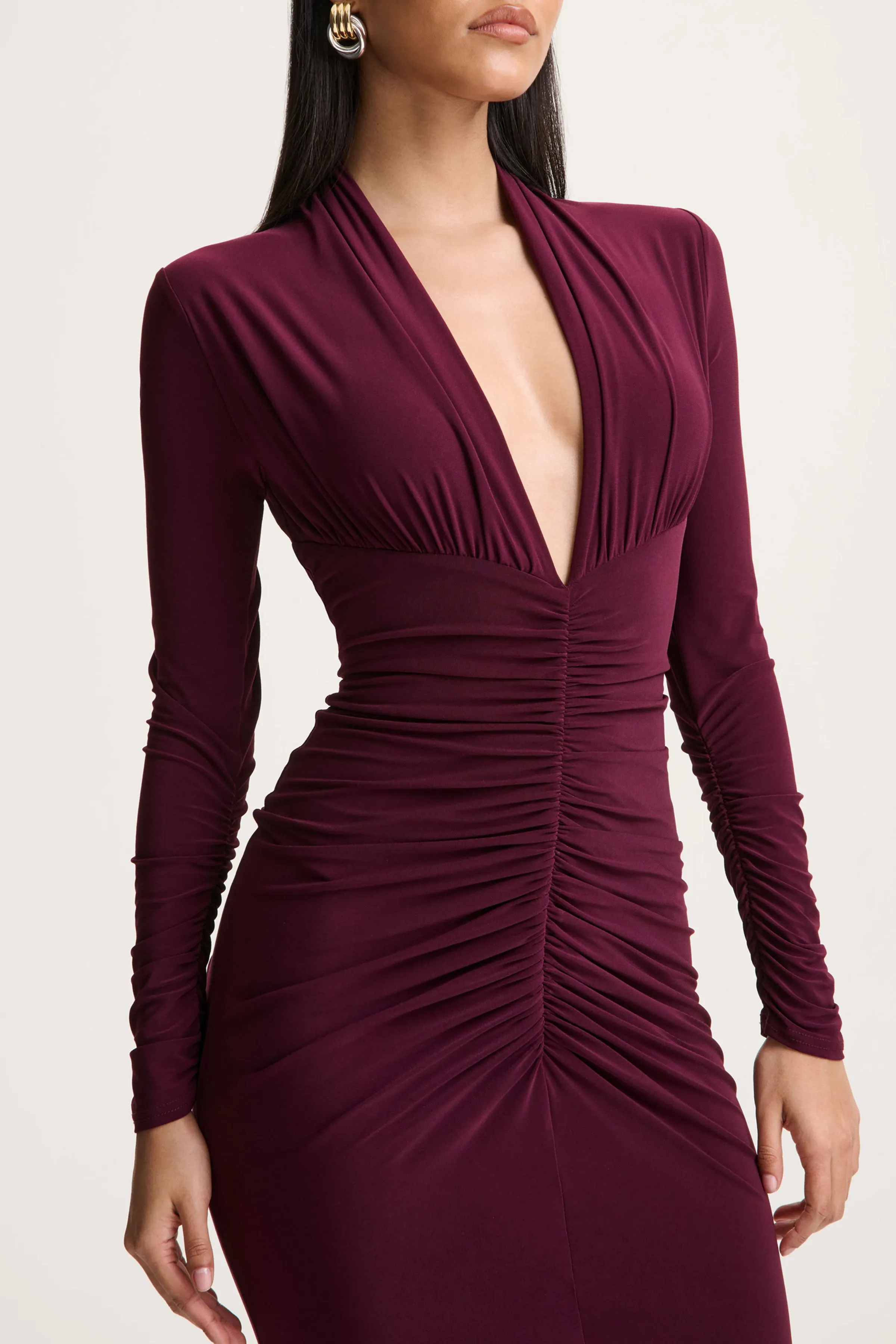Tami | Plum Plunge-Neck Long Sleeve Maxi Dress sold by Club L London product image thumbnail 3