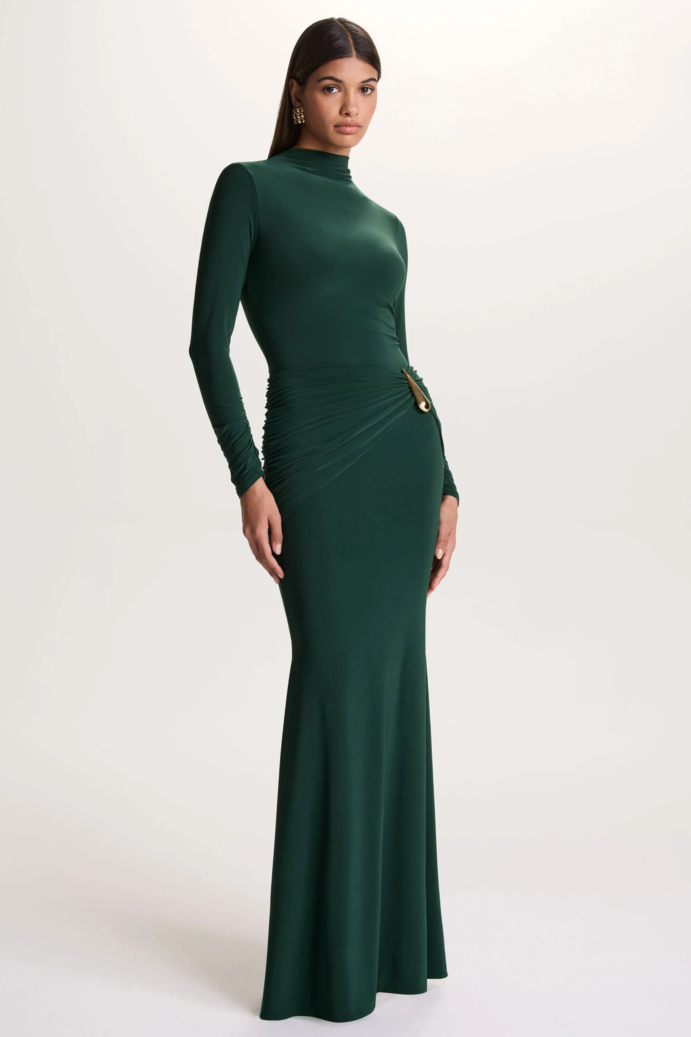 Solarium | Dark Green Long-Sleeve Maxi Dress With Gold Detail sold by Club L London product image thumbnail 4