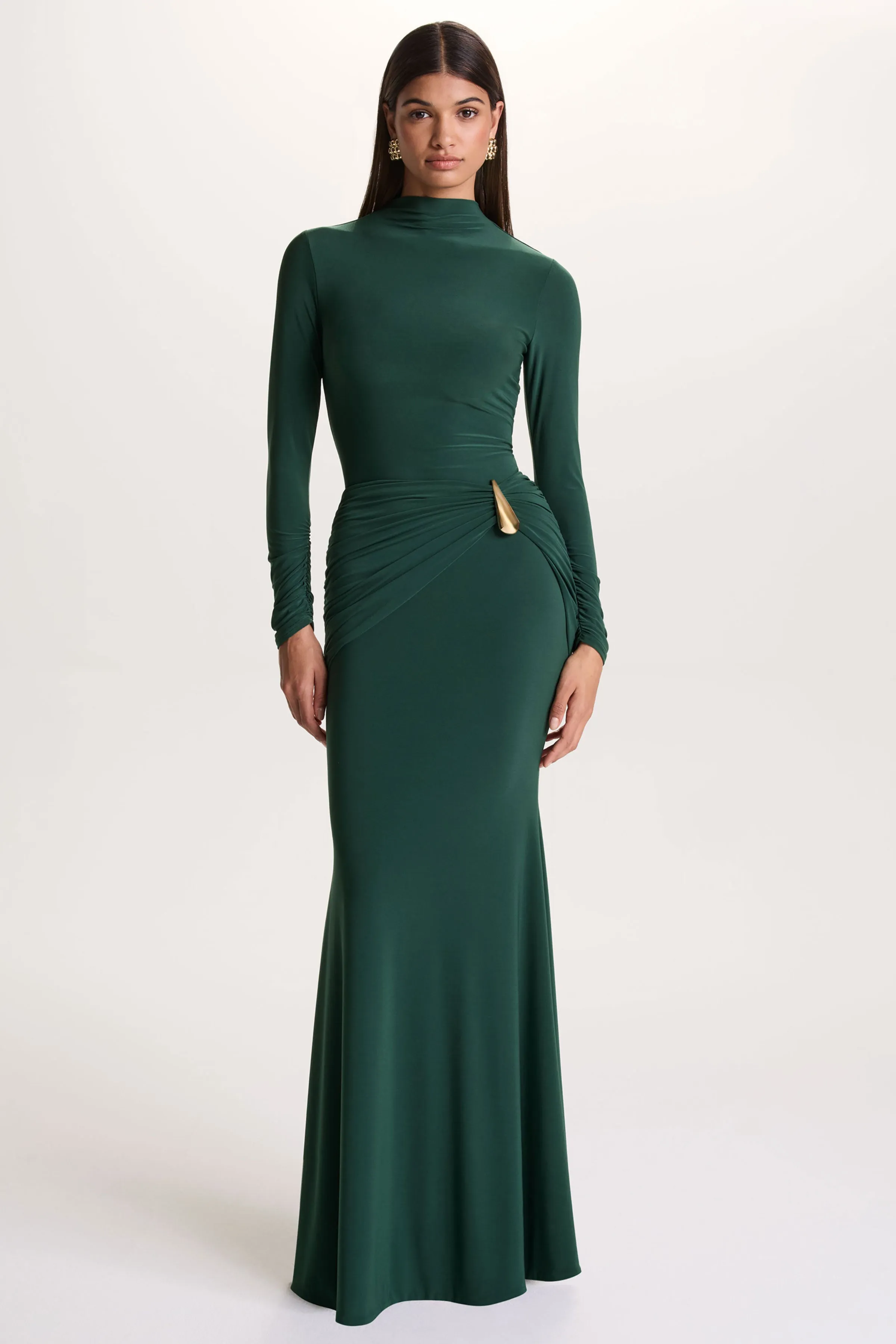 Solarium | Dark Green Long-Sleeve Maxi Dress With Gold Detail sold by Club L London