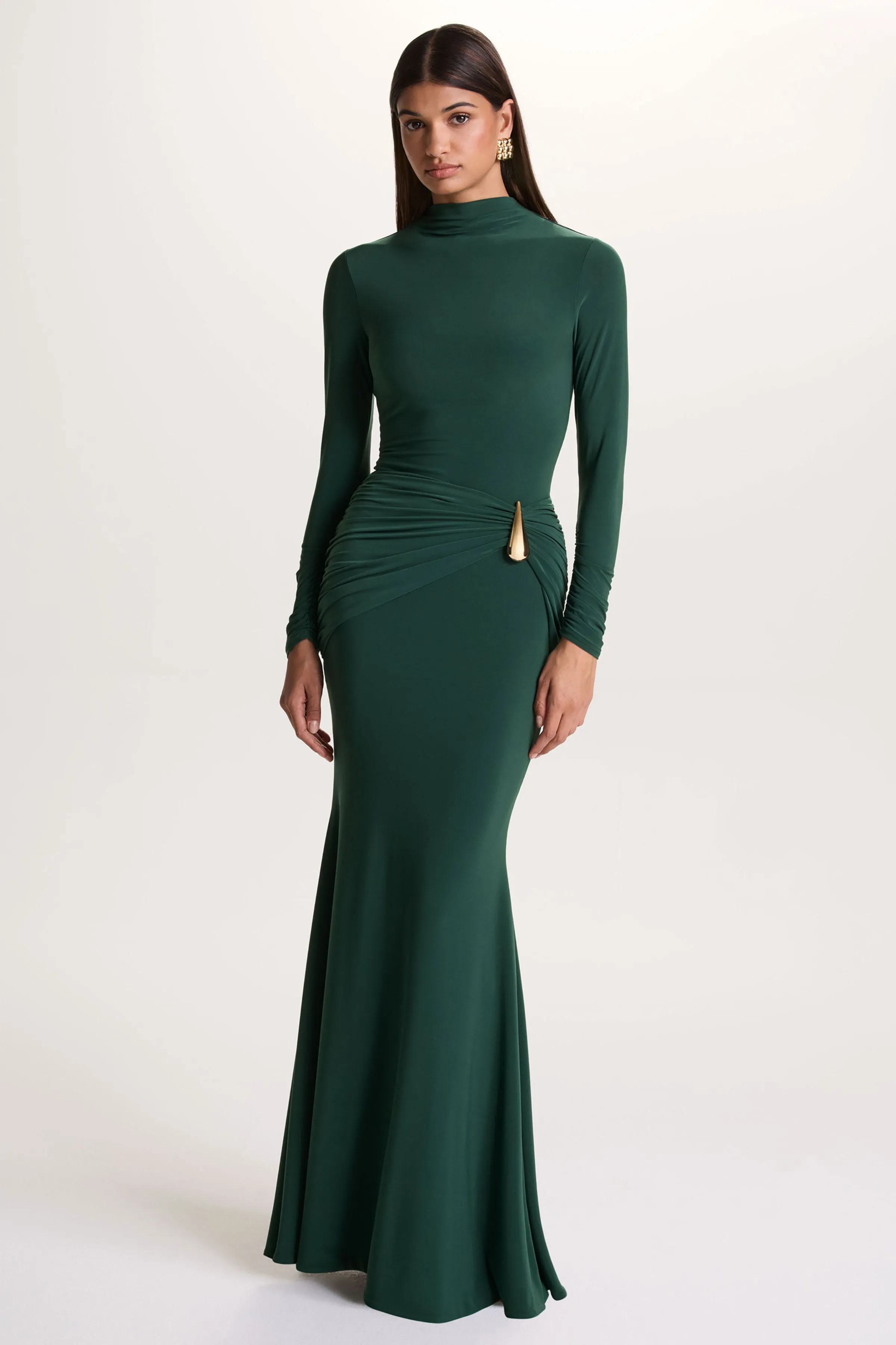 Solarium | Dark Green Long-Sleeve Maxi Dress With Gold Detail sold by Club L London product image thumbnail 5