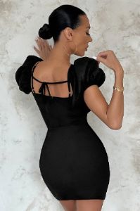 The Heat | Black Puff Sleeve Strap Detail Mini Dress sold by Club L London