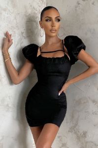 The Heat | Black Puff Sleeve Strap Detail Mini Dress sold by Club L London