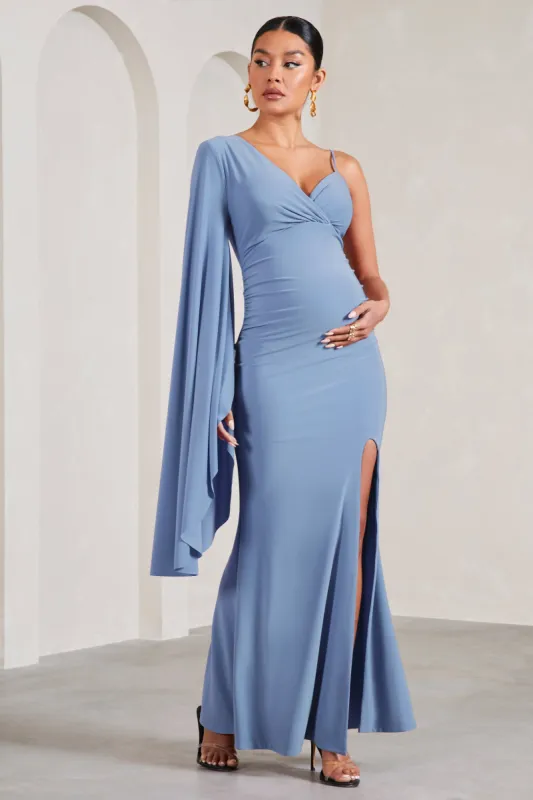 Rhea | Cornflower Blue V-Neck Split Maternity Maxi Dress With Cape Sleeve sold by Club L London
