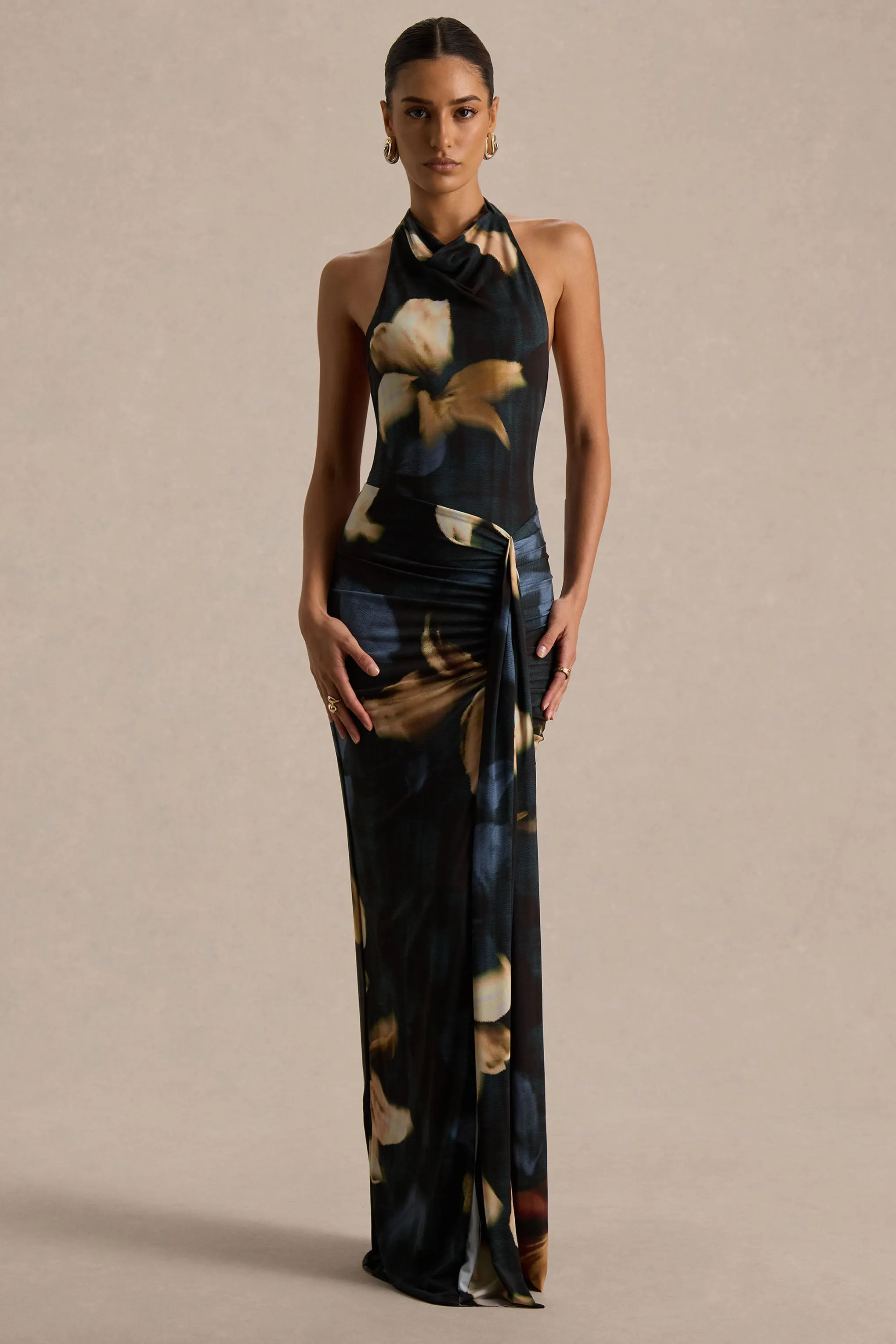 Sunflower | Dark Lily Print High-Neck Maxi Dress With Front-High Split sold by Club L London product image thumbnail 5
