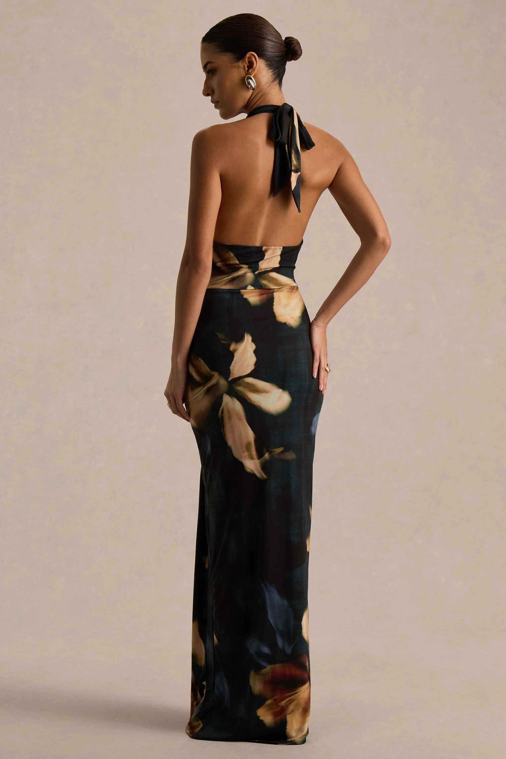Sunflower | Dark Lily Print High-Neck Maxi Dress With Front-High Split sold by Club L London product image thumbnail 2