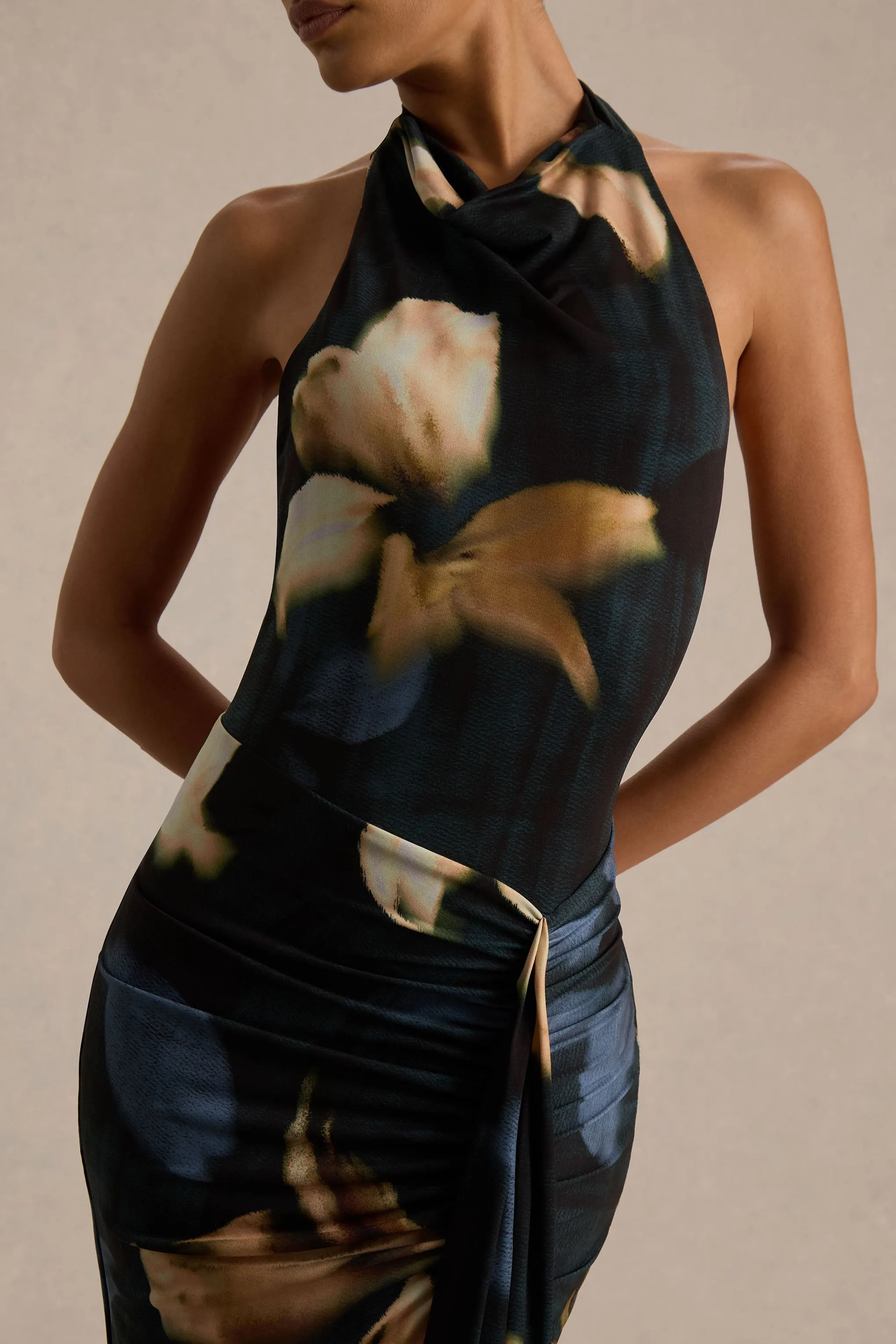 Sunflower | Dark Lily Print High-Neck Maxi Dress With Front-High Split sold by Club L London product image thumbnail 3