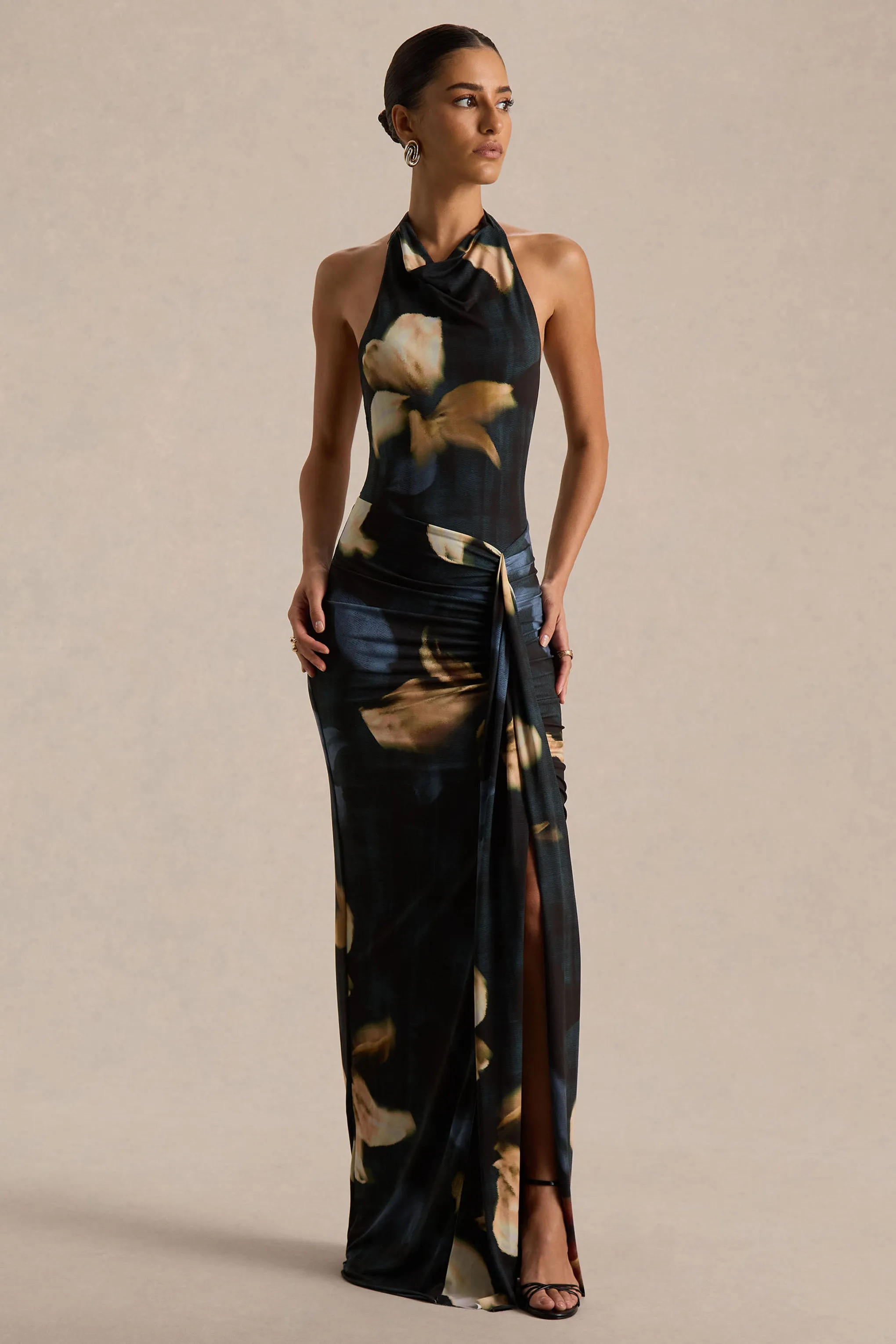 Sunflower | Dark Lily Print High-Neck Maxi Dress With Front-High Split sold by Club L London product image thumbnail 4