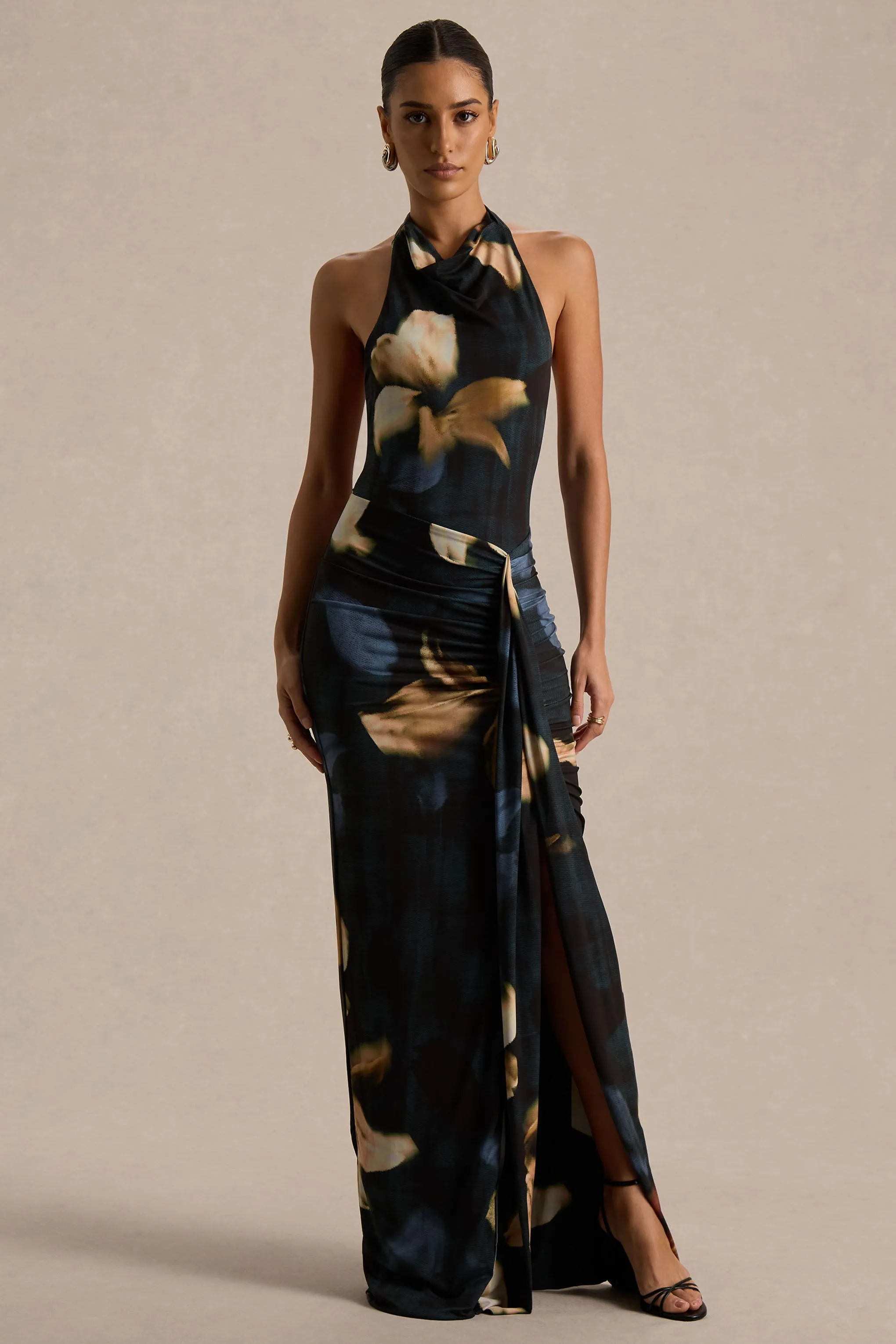 Sunflower | Dark Lily Print High-Neck Maxi Dress With Front-High Split sold by Club L London