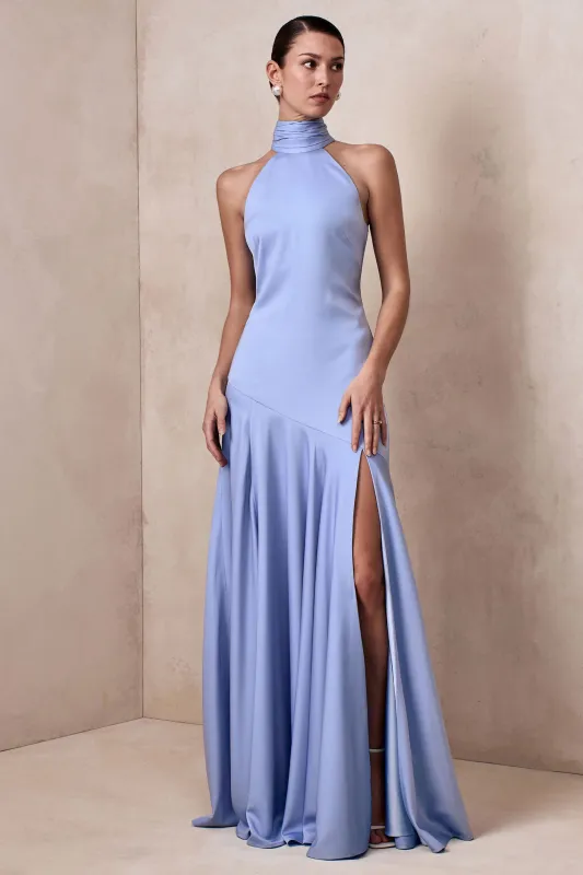 Luscious | Powder Blue High-Neck Maxi Dress With Drop-Waist And Bow Detail sold by Club L London