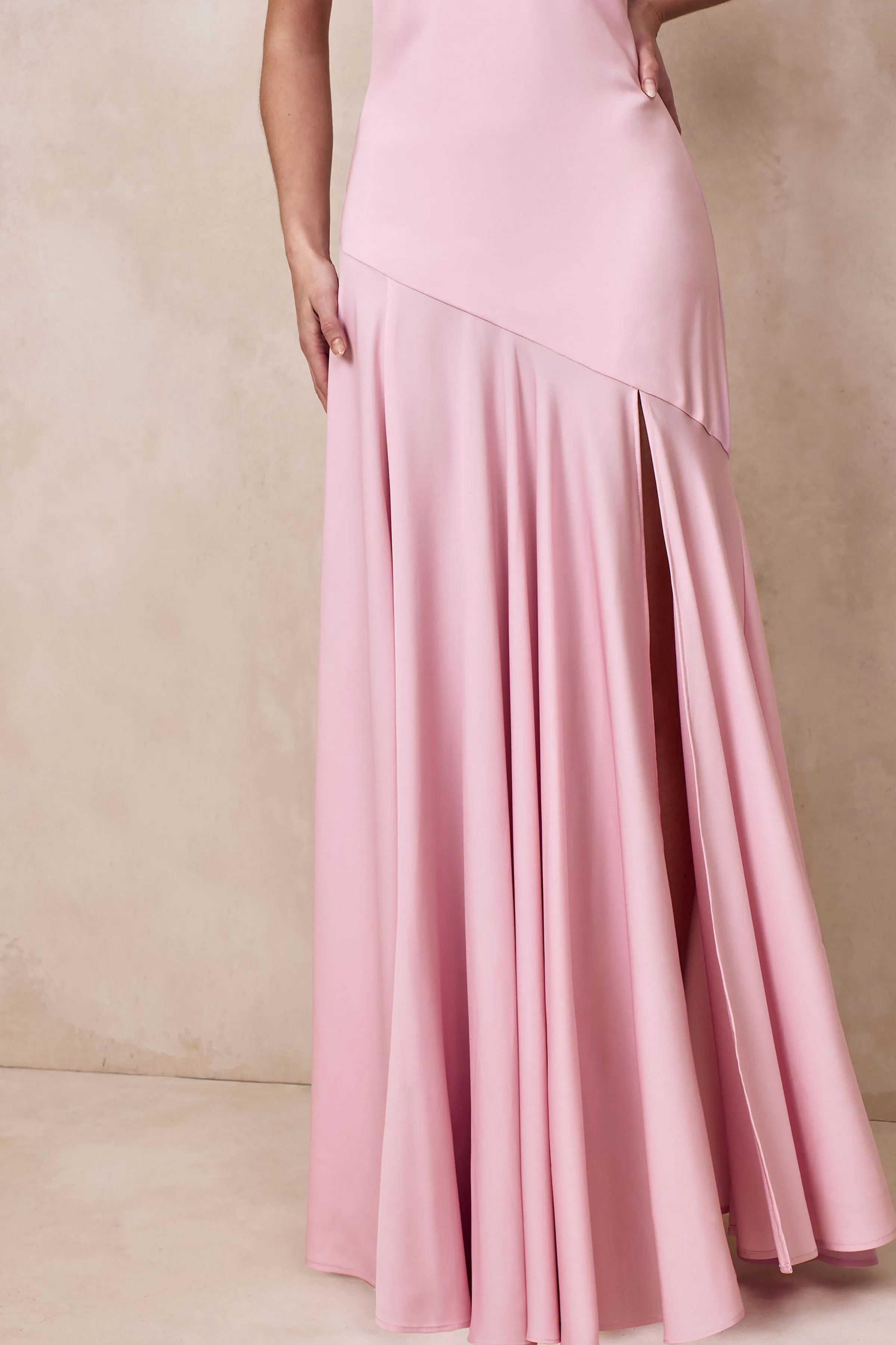 Luscious | Light Pink High-Neck Maxi Dress With Drop-Waist And Bow Detail sold by Club L London product image thumbnail 3