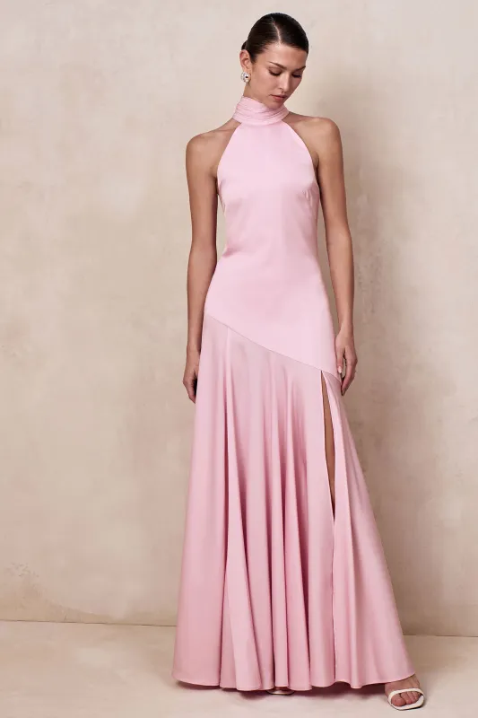 Luscious | Light Pink High-Neck Maxi Dress With Drop-Waist And Bow Detail sold by Club L London