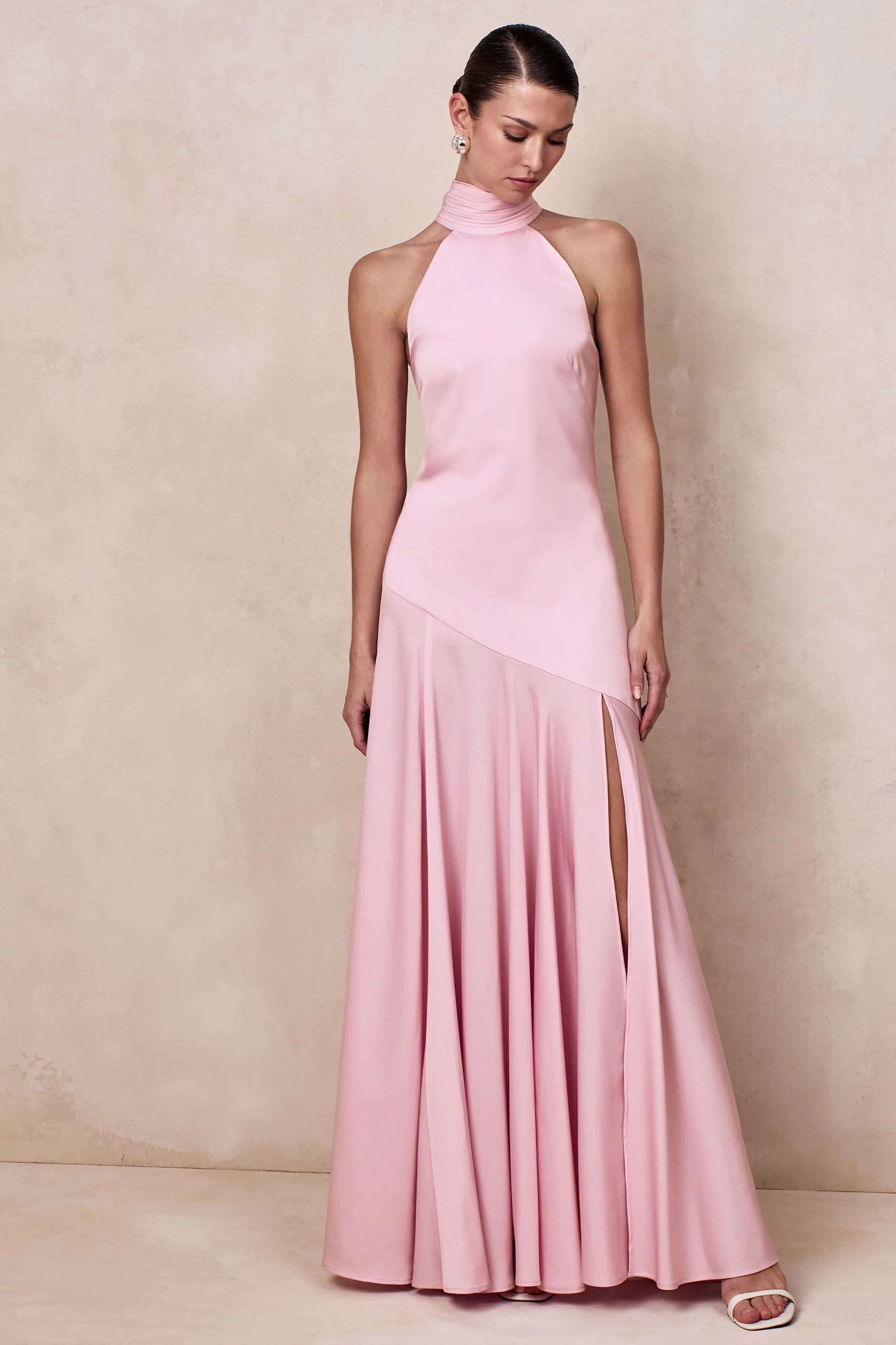Luscious | Light Pink High-Neck Maxi Dress With Drop-Waist And Bow Detail sold by Club L London