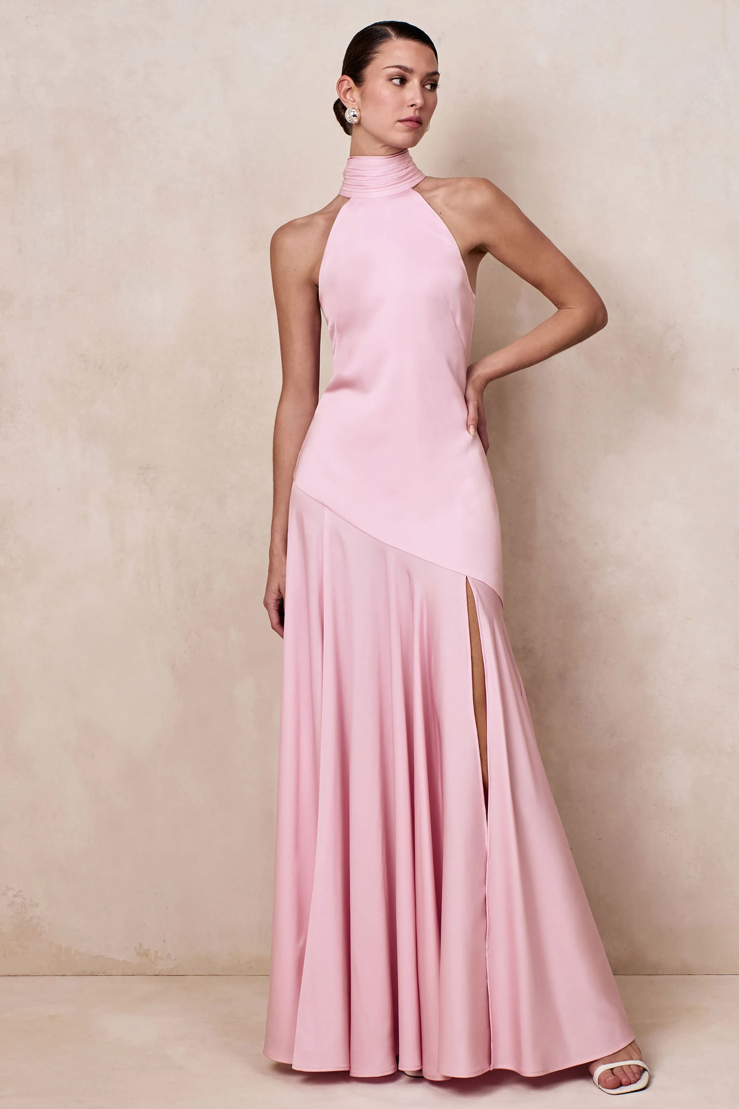 Luscious | Light Pink High-Neck Maxi Dress With Drop-Waist And Bow Detail sold by Club L London product image thumbnail 5