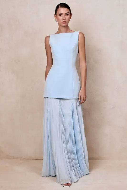 Hadley | Powder Blue Boat-Neck Maxi Dress With Drop-Waist sold by Club L London