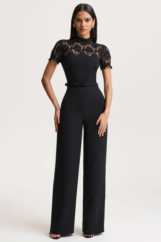 Orlina | Black High-Neck Jumpsuit With Lace Detailing made by Club L London