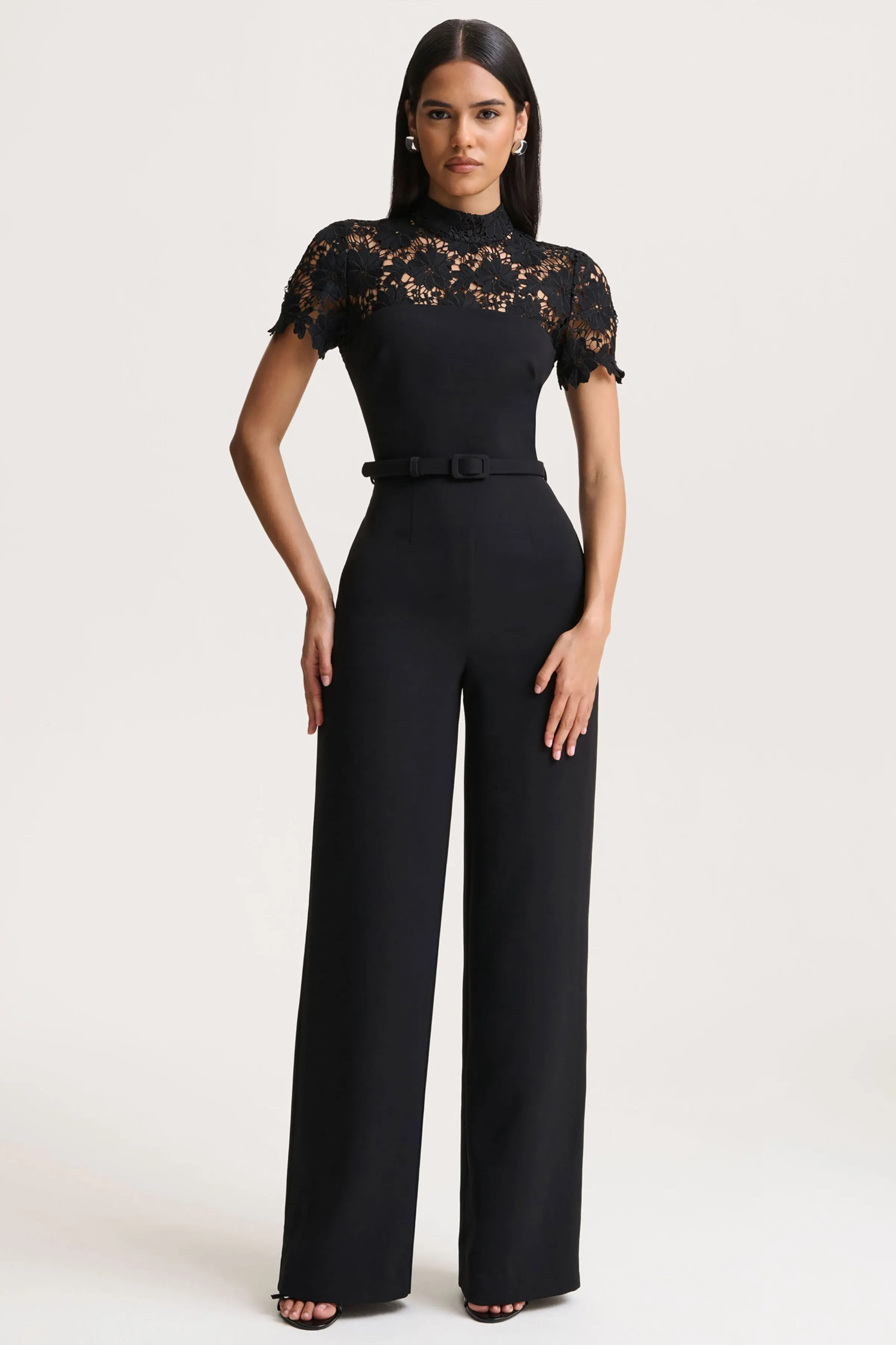Orlina | Black High-Neck Jumpsuit With Lace Detailing sold by Club L London