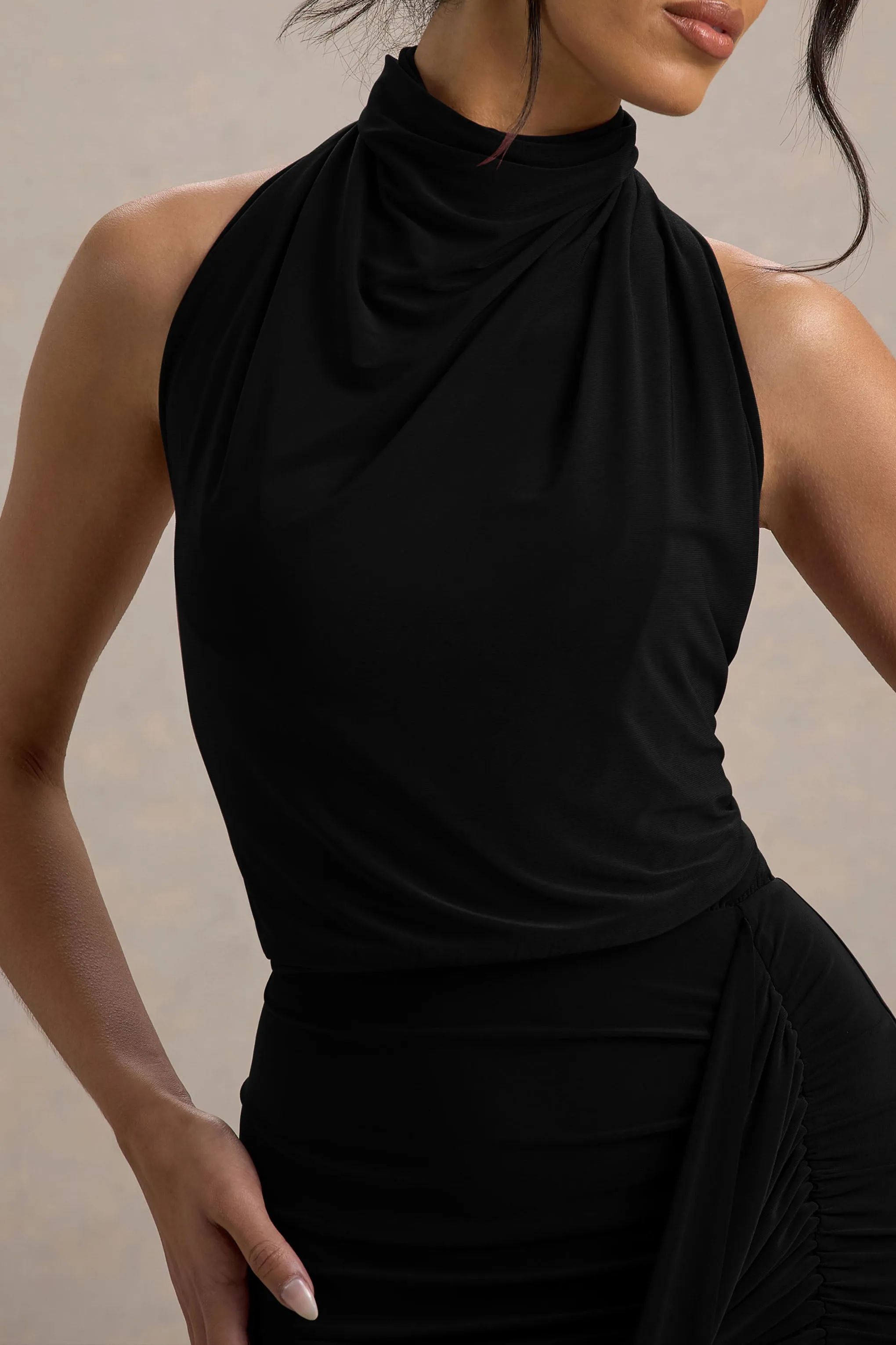 Hayden | Black High-Neck Draped Split Maxi Dress sold by Club L London product image thumbnail 5