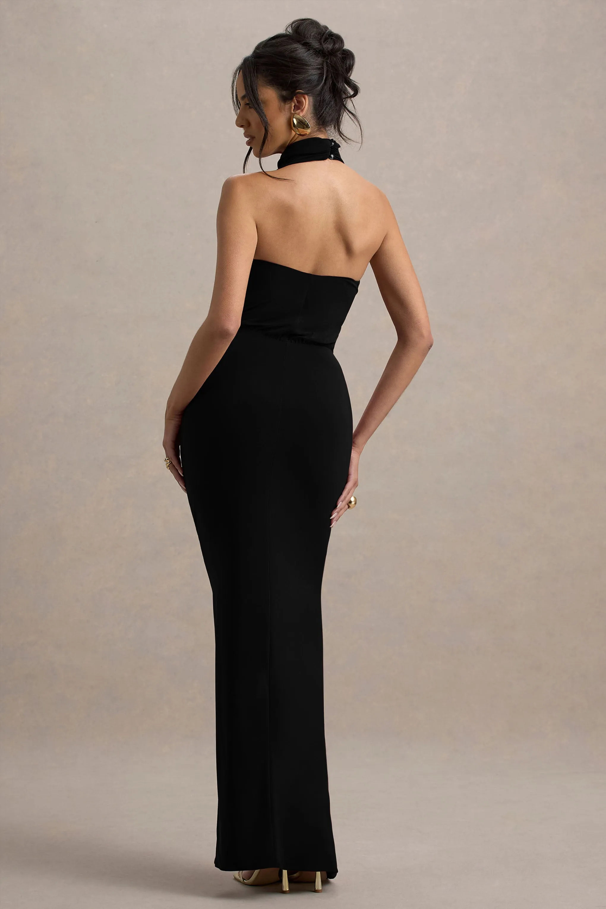 Hayden | Black High-Neck Draped Split Maxi Dress sold by Club L London product image thumbnail 2