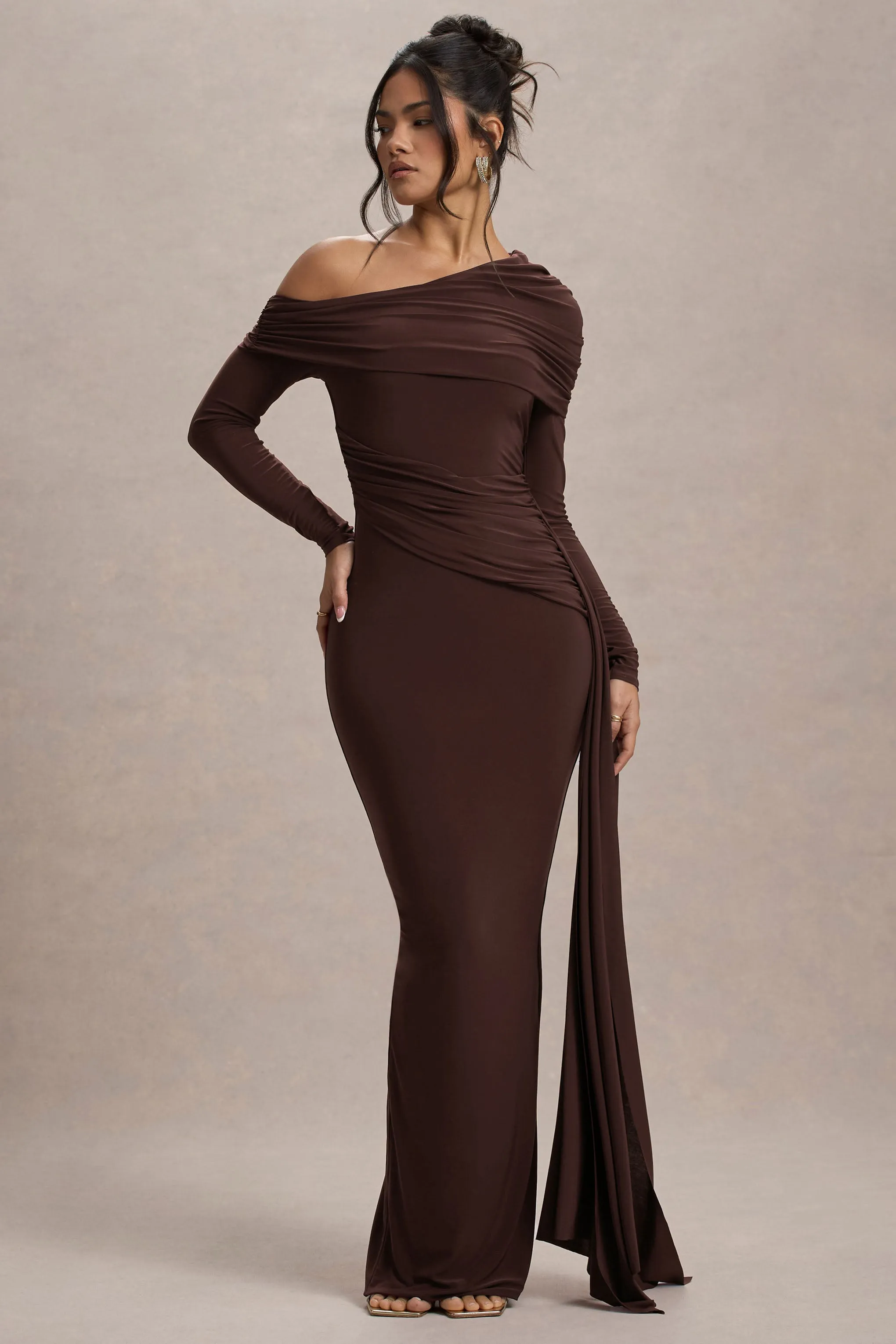 Valina | Brown Ruched Asymmetric Maxi Dress With Drape sold by Club L London product image thumbnail 4