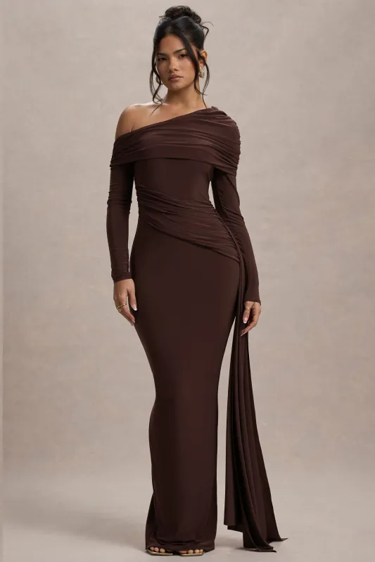 Valina | Brown Ruched Asymmetric Maxi Dress With Drape sold by Club L London