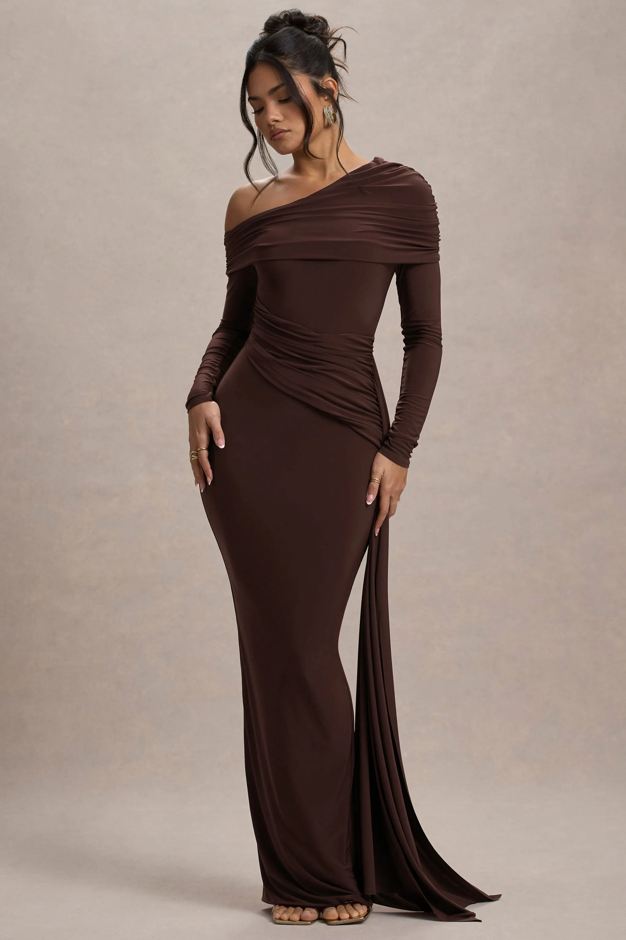 Valina | Brown Ruched Asymmetric Maxi Dress With Drape sold by Club L London product image thumbnail 5