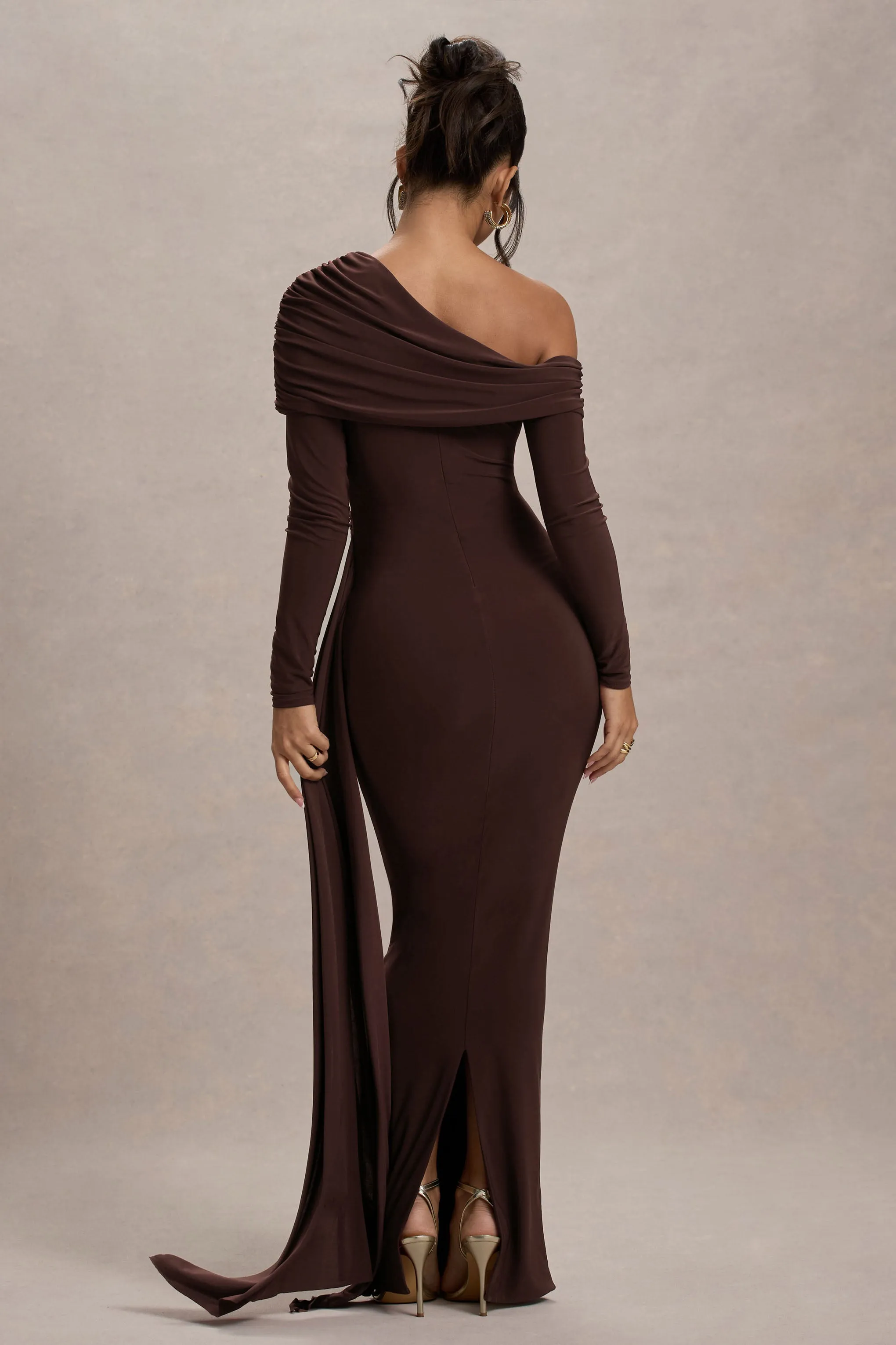 Valina | Brown Ruched Asymmetric Maxi Dress With Drape sold by Club L London product image thumbnail 2