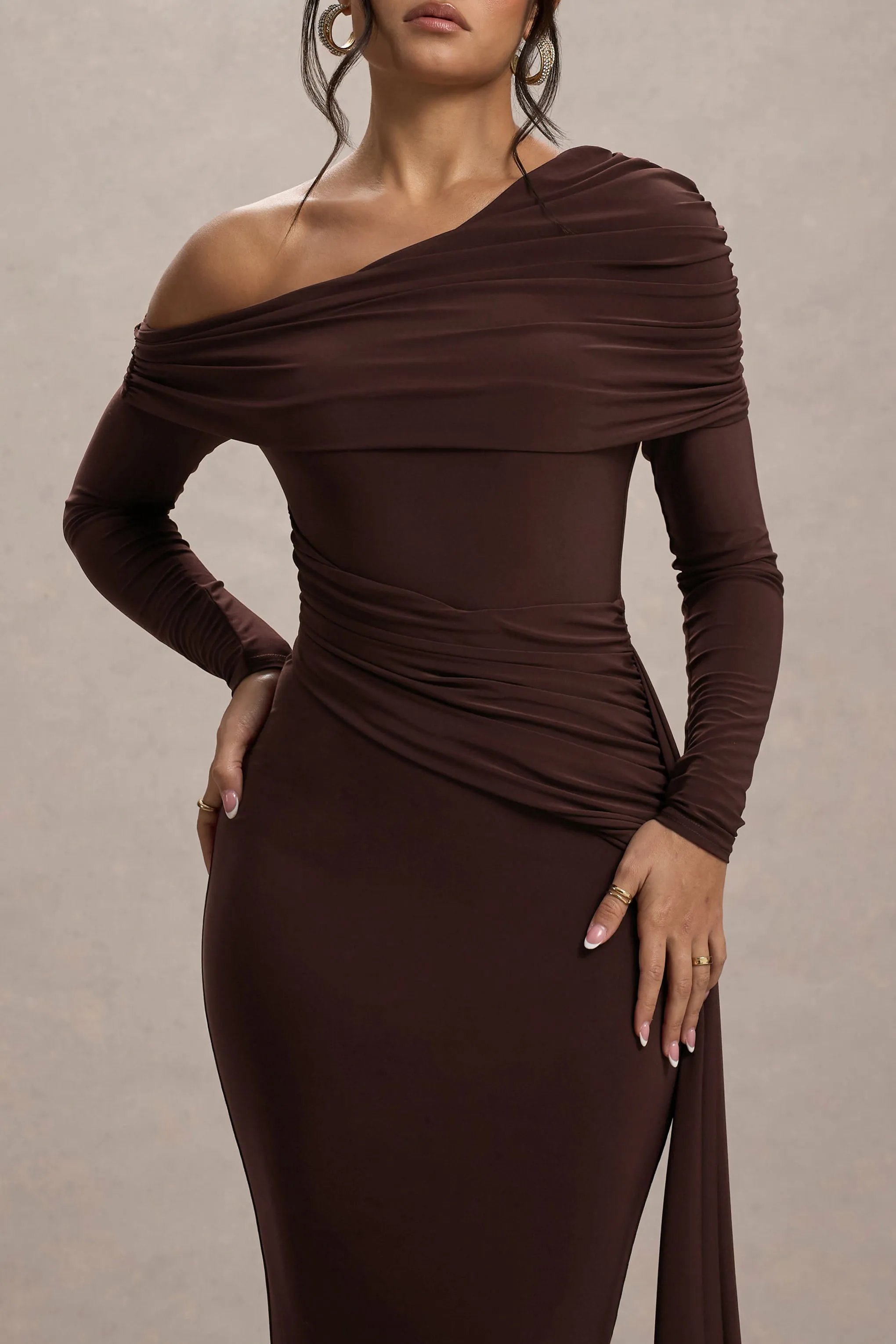 Valina | Brown Ruched Asymmetric Maxi Dress With Drape sold by Club L London product image thumbnail 3