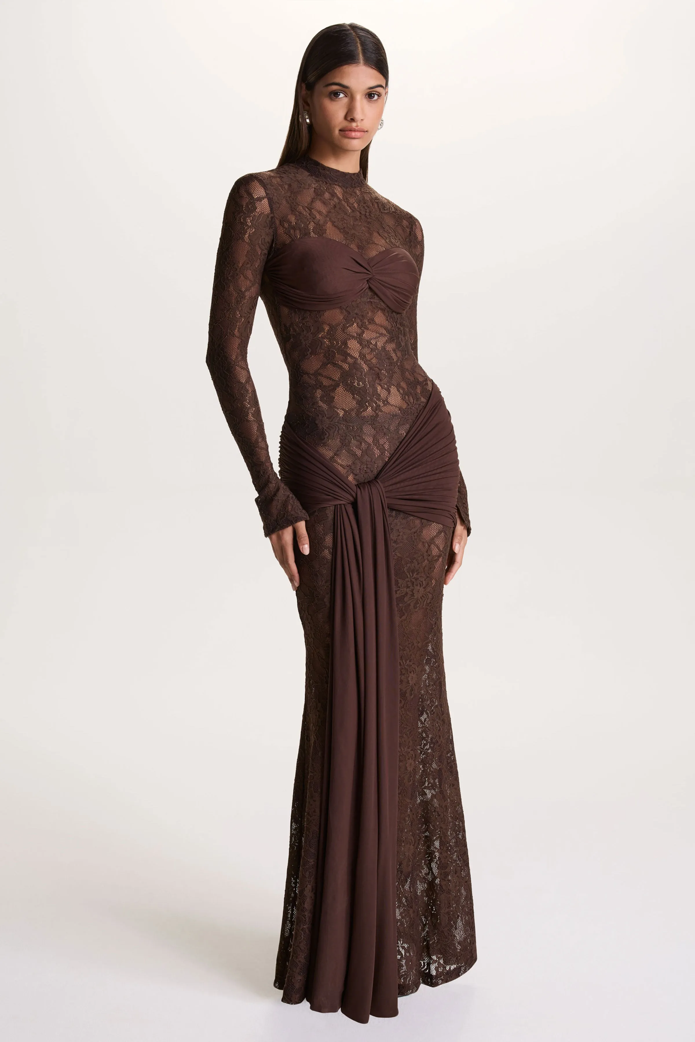 Akira | Brown Lace Maxi Dress With Sash-Detail sold by Club L London product image thumbnail 4