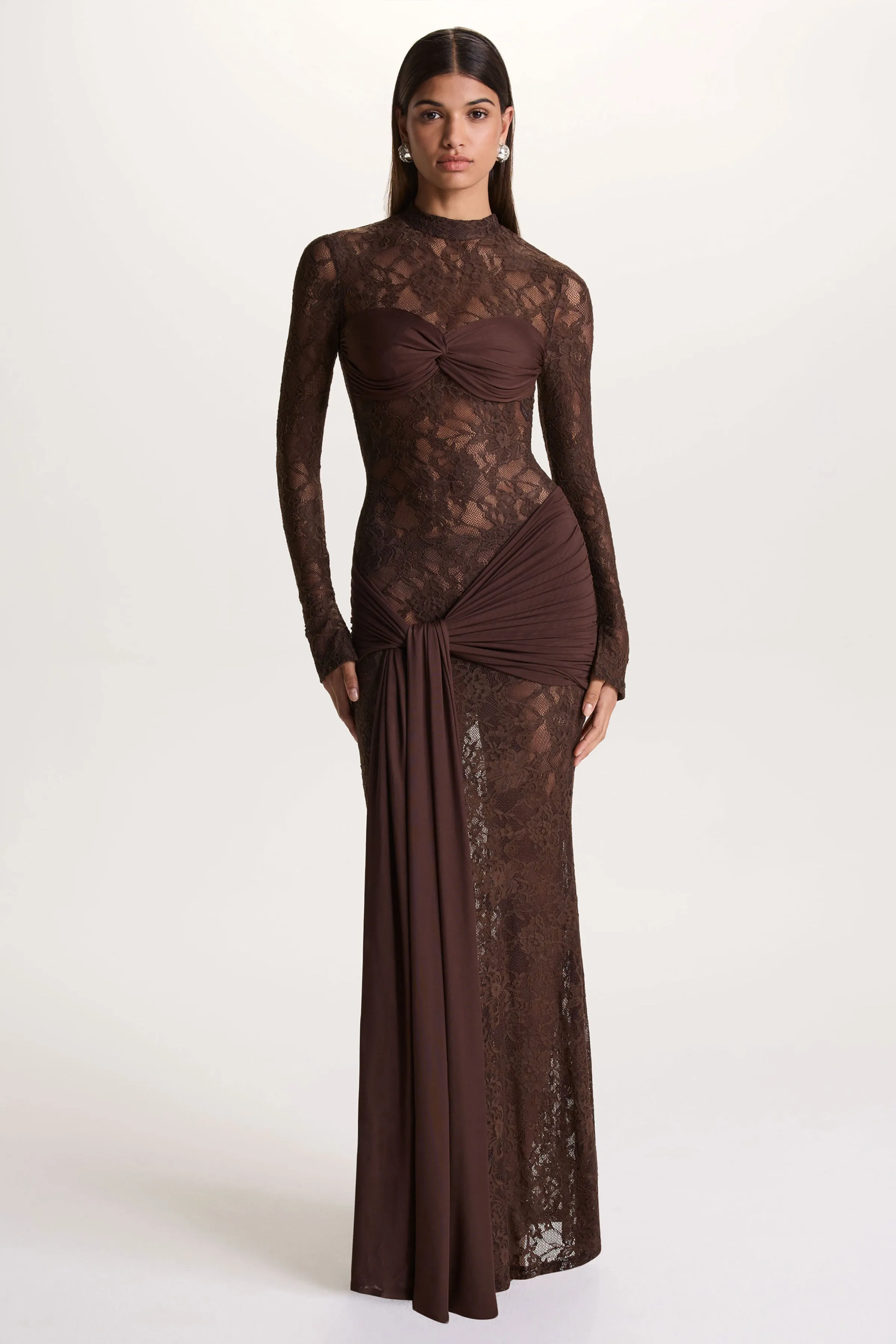 Akira | Brown Lace Maxi Dress With Sash-Detail sold by Club L London