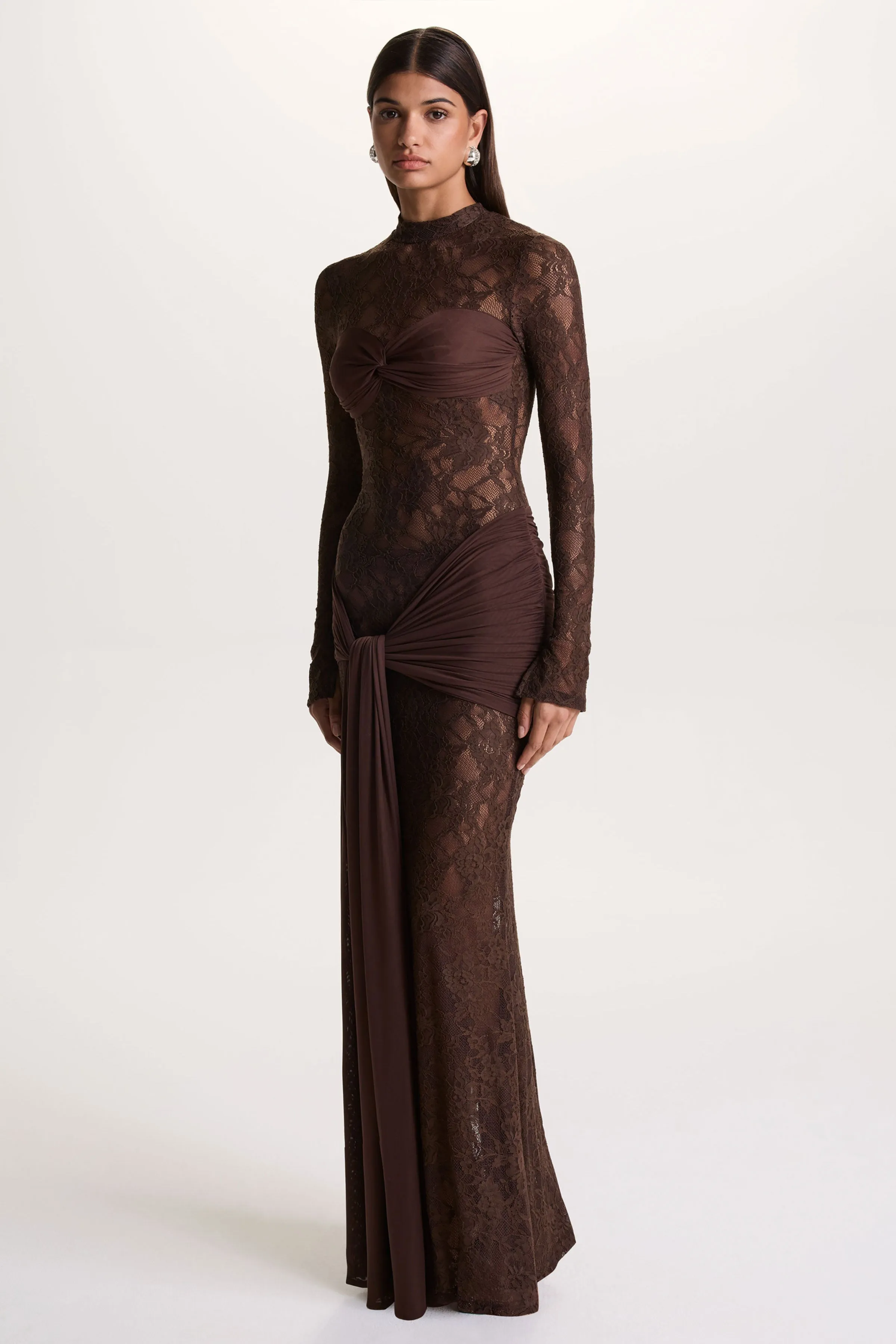 Akira | Brown Lace Maxi Dress With Sash-Detail sold by Club L London product image thumbnail 5