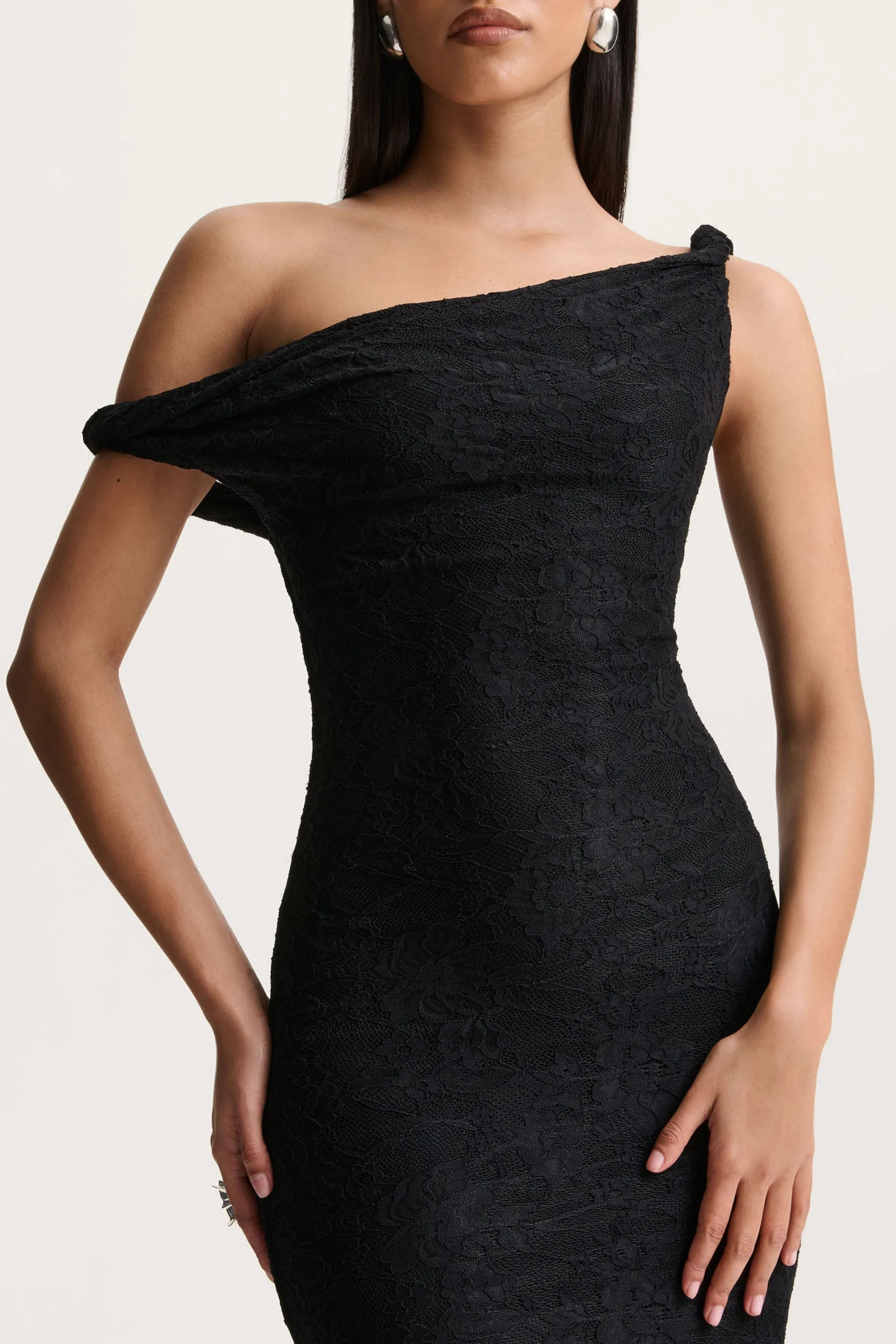 Afina | Black Lace Asymmetric-Neck Maxi Dress sold by Club L London product image thumbnail 5