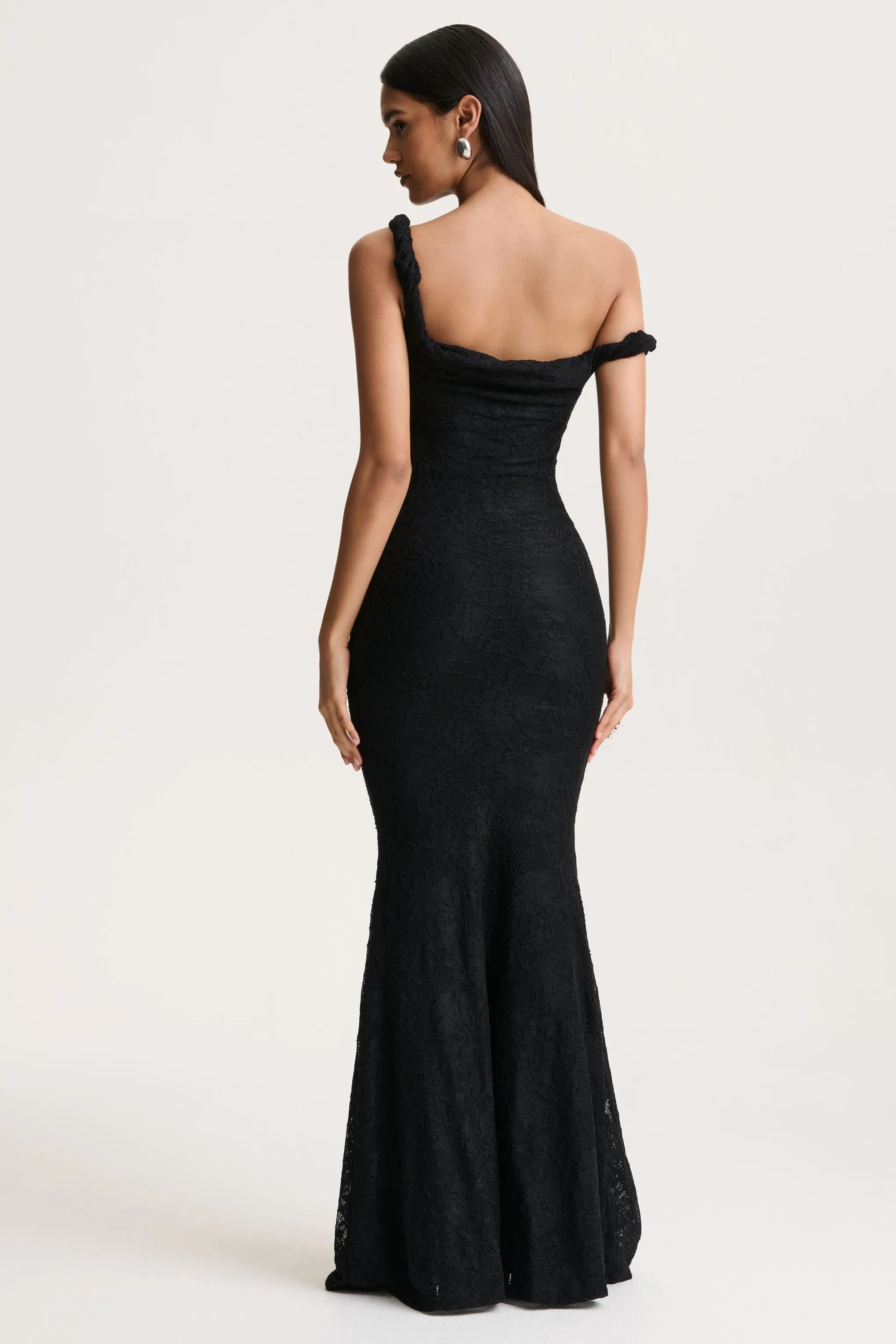 Afina | Black Lace Asymmetric-Neck Maxi Dress sold by Club L London product image thumbnail 2