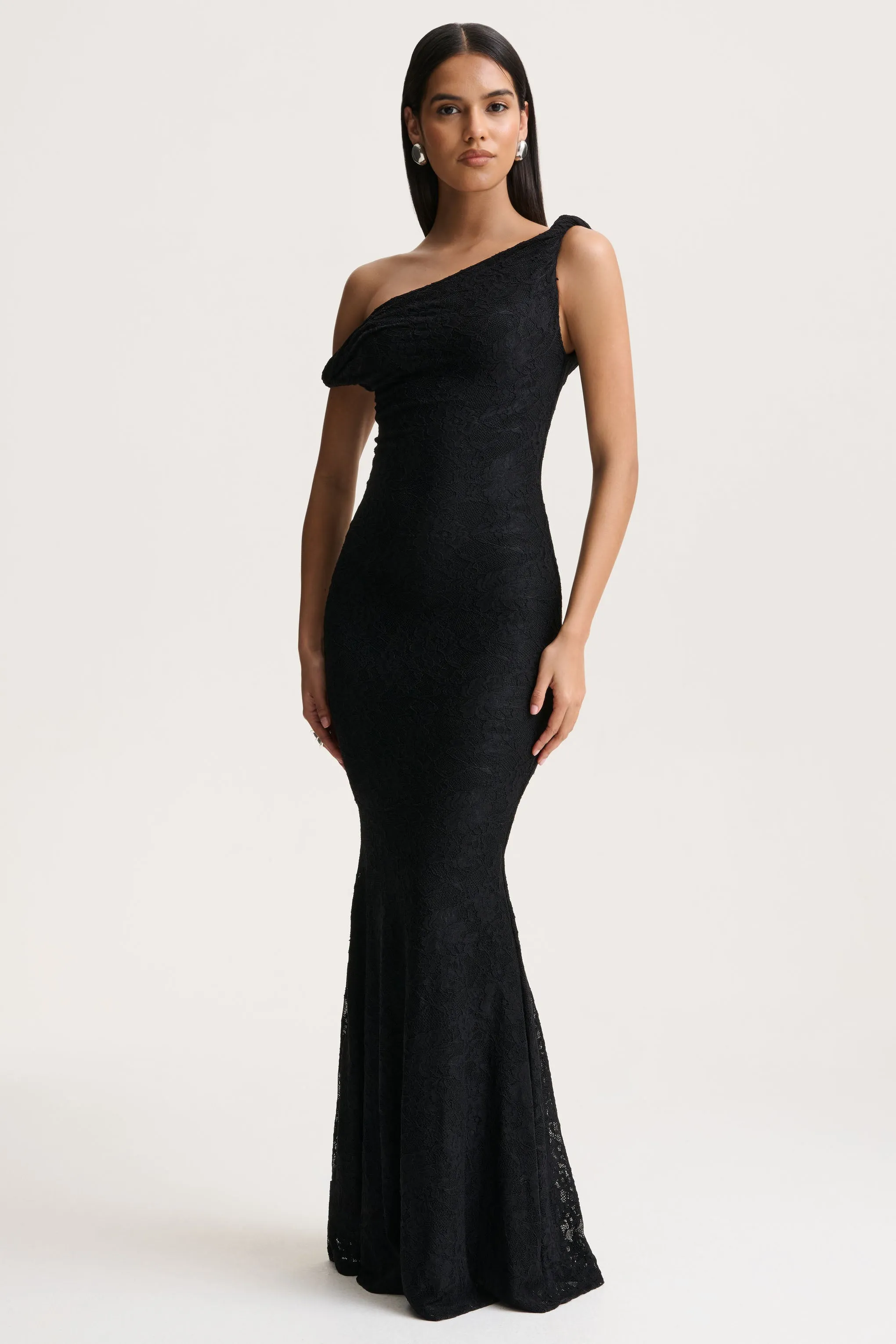 Afina | Black Lace Asymmetric-Neck Maxi Dress sold by Club L London product image thumbnail 3