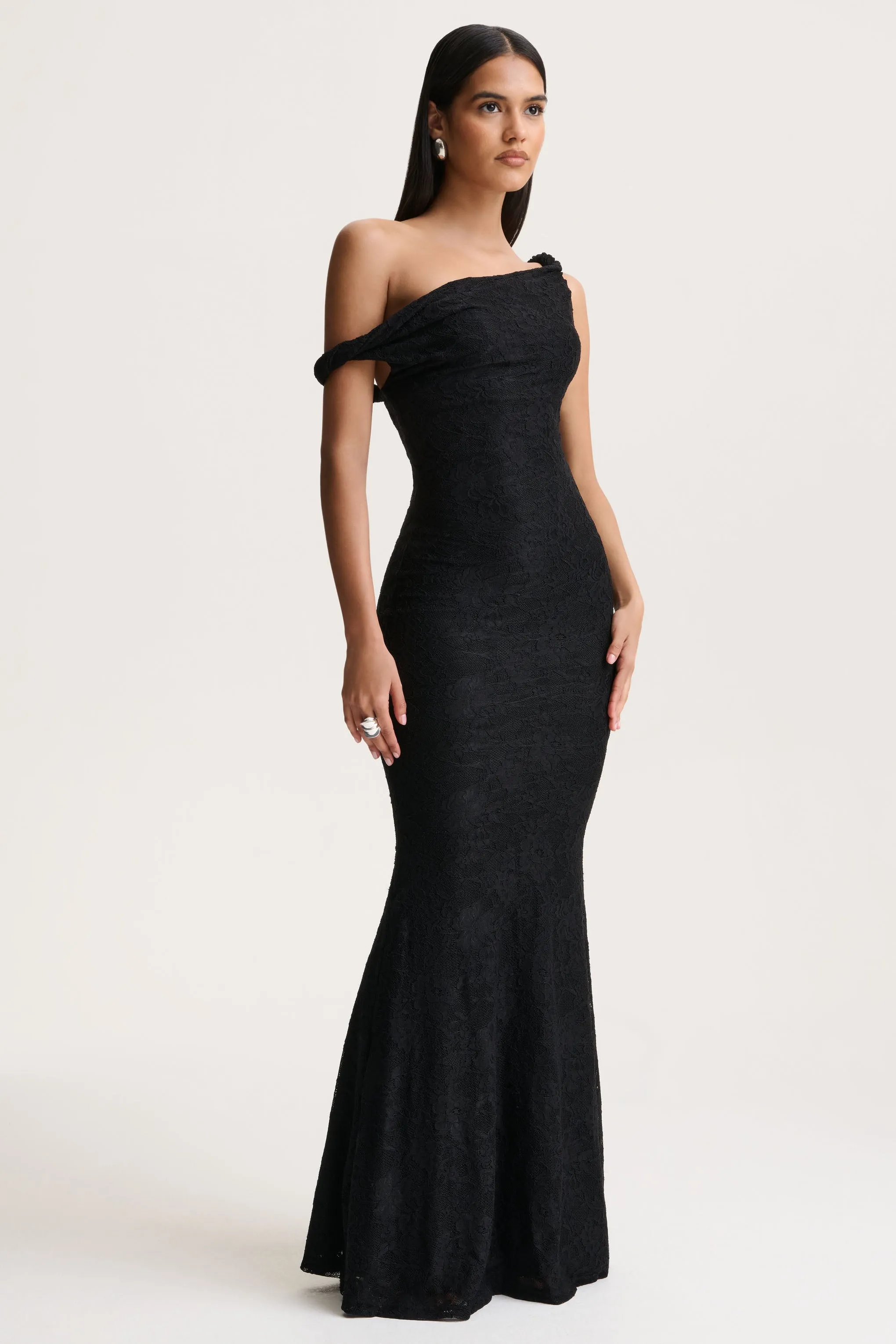 Afina | Black Lace Asymmetric-Neck Maxi Dress sold by Club L London product image thumbnail 4