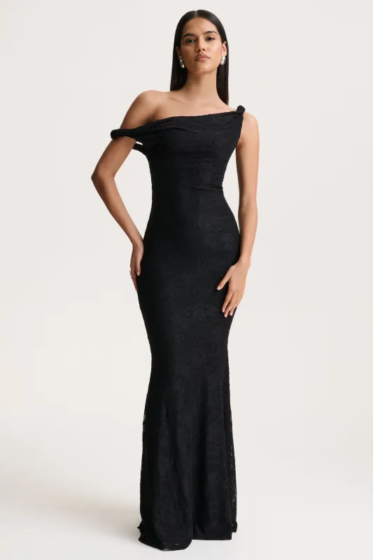 Afina | Black Lace Asymmetric-Neck Maxi Dress made by Club L London